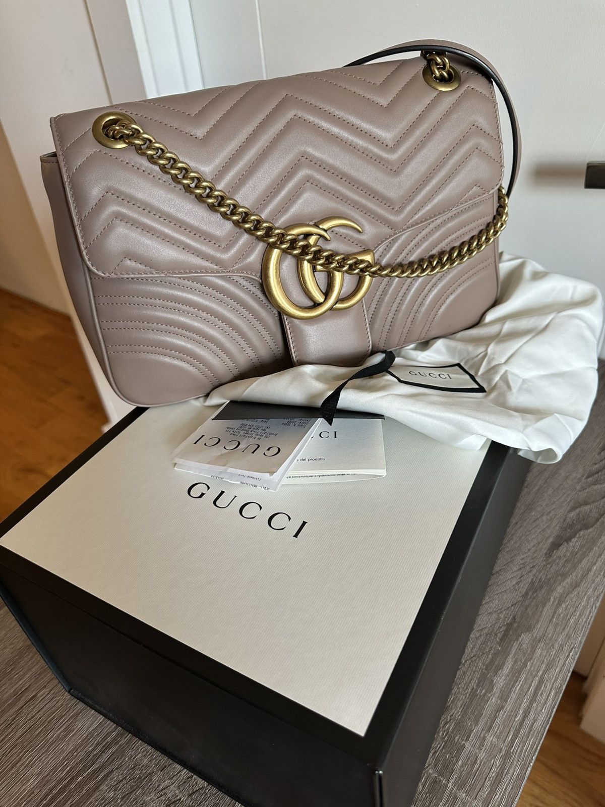 Gucci GUCCI GG Marmont Large Matelassé Shoulder Bag – Taupe Size ONE SIZE - 1 Thumbnail