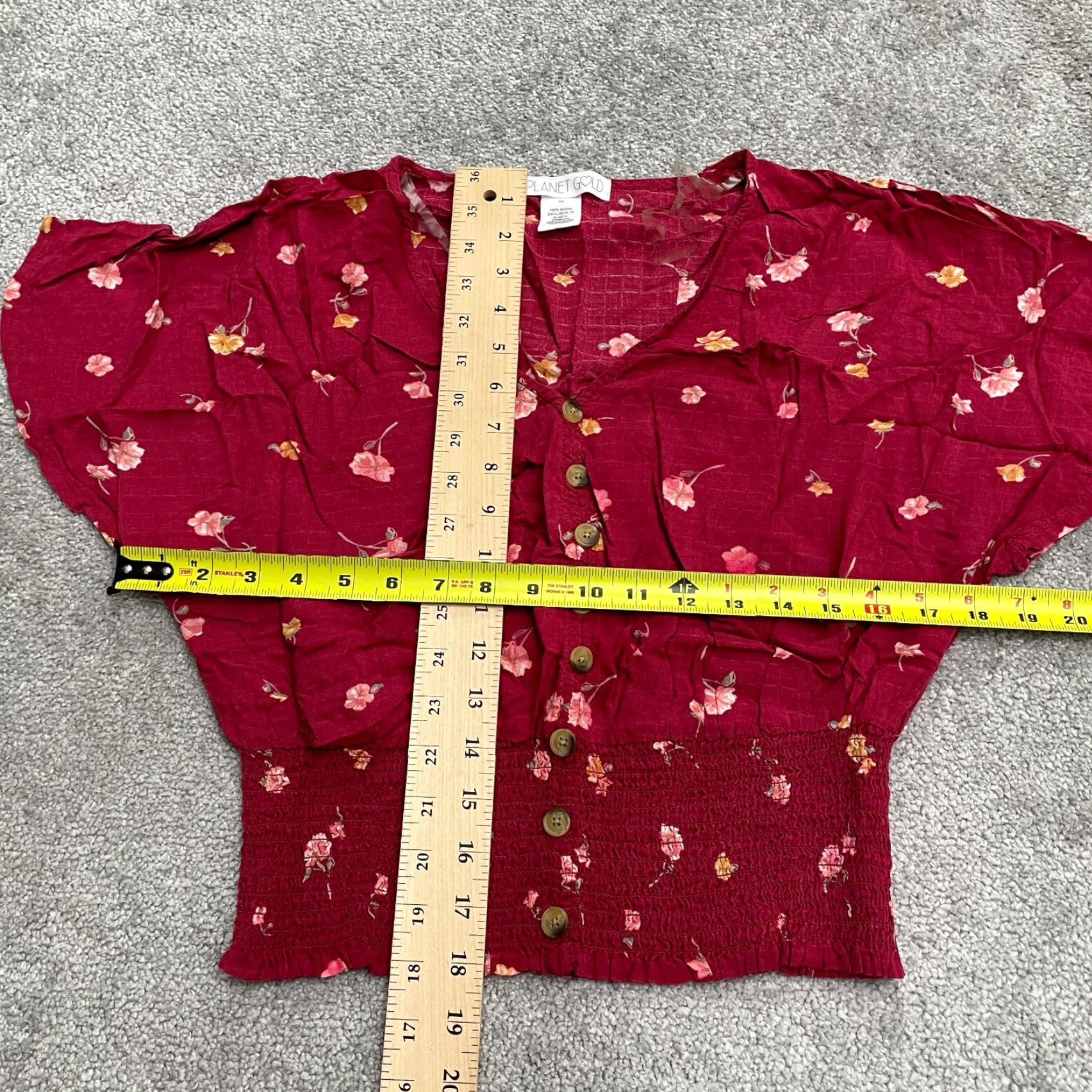 Vintage Planet Gold Floral Smocked Cropped Top Juniors XL Red Short Sleeve Button Casual Shirt Blouse Woman Beach Flower 90s Style Womens Size XL / US 12-14 / IT 48-50 - 7 Thumbnail