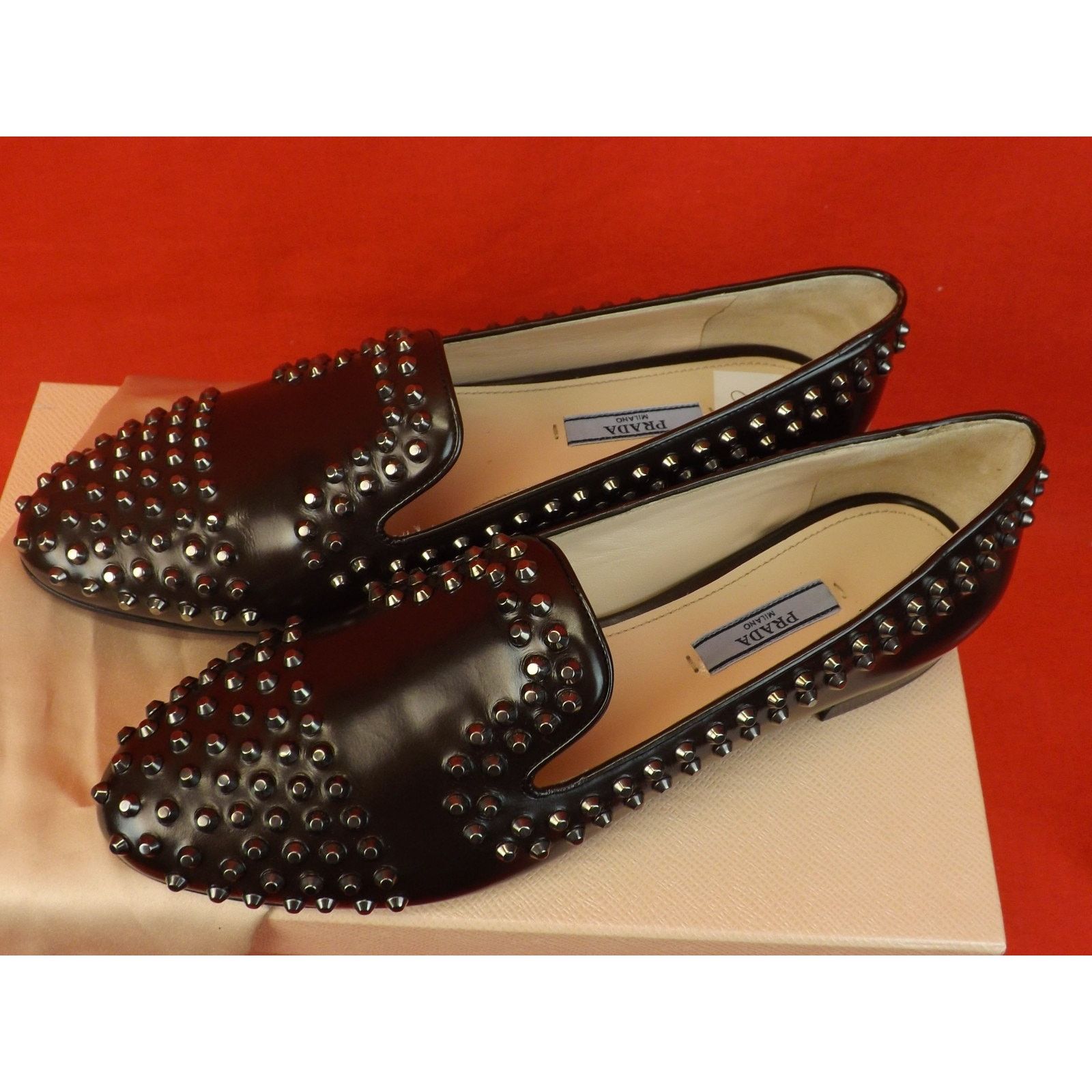 Prada PRADA 1S275E BROWN LEATHER SILVER METAL STUDS FLATS 35.5 Size US 5.5 / IT 35.5 - 2 Thumbnail