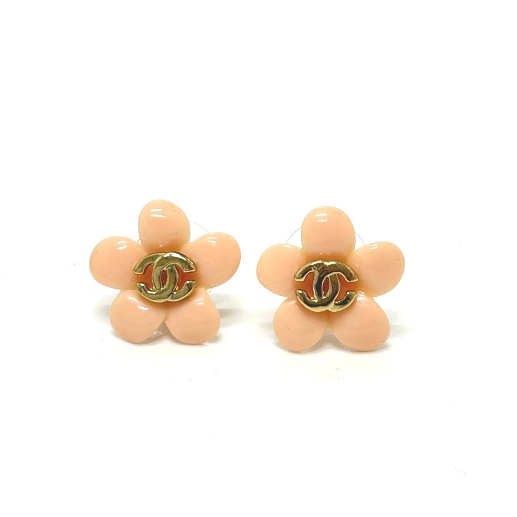 CHANEL A27958 05P Flower Coco Mark Camellia Accessory Earrings Plastic Metal Women's Pink