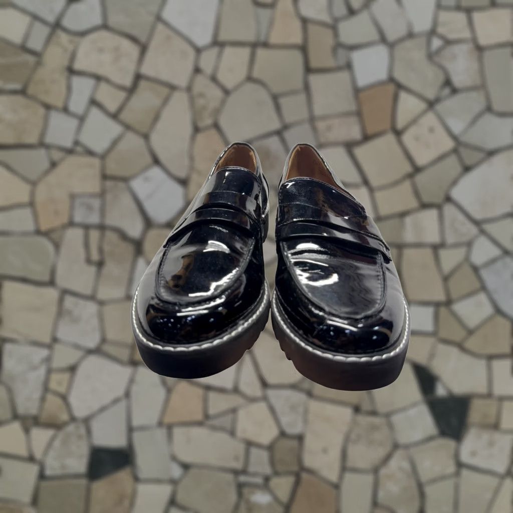 Franco Sarto Franco Sarto Black Patent Platform Loafers With Lug Sole Womens 12 Slip On Rubber Outsole Leather Insole Flat Casual Vintage No 9618 Size US 12 / IT 42 - 1 Thumbnail