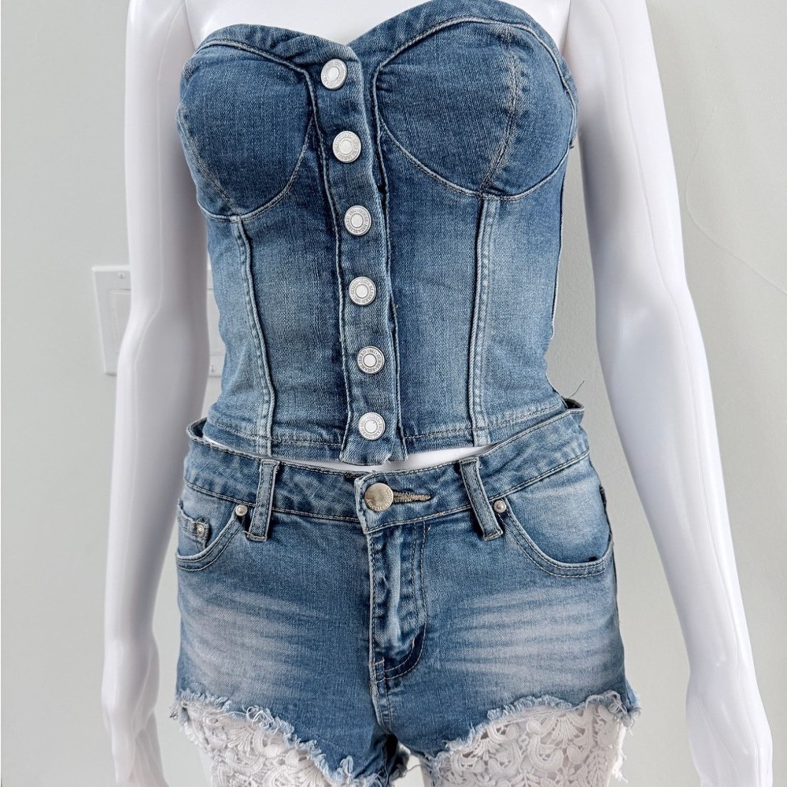 Other Guess Y2K Vintage Denim Bustier and Shorts Set size S Size 26" / US 2 / IT 38 - 7 Thumbnail