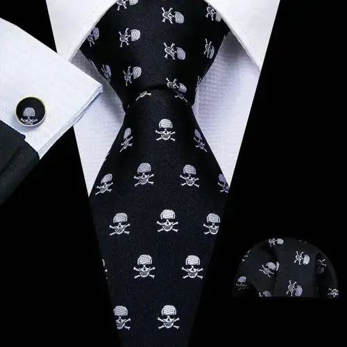 Japanese Brand White Skull Pattern Black Neck Tie Set Mens Size ONE SIZE - 3 Thumbnail