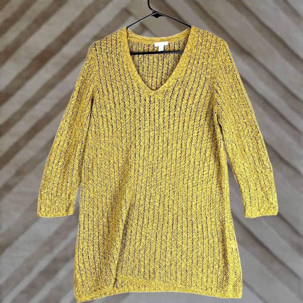 Vintage J Jill Womens Sweater Mustard Yellow V Neck Open Knit Long Sleeve Cotton Blend M Size M / US 6-8 / IT 42-44 - 1 Thumbnail