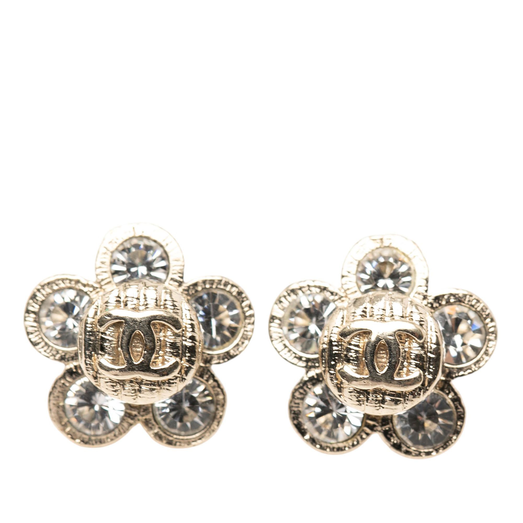 Chanel Chanel Gold Plated CC Crystal Floral Push Back Earrings Size ONE SIZE - 1 Thumbnail