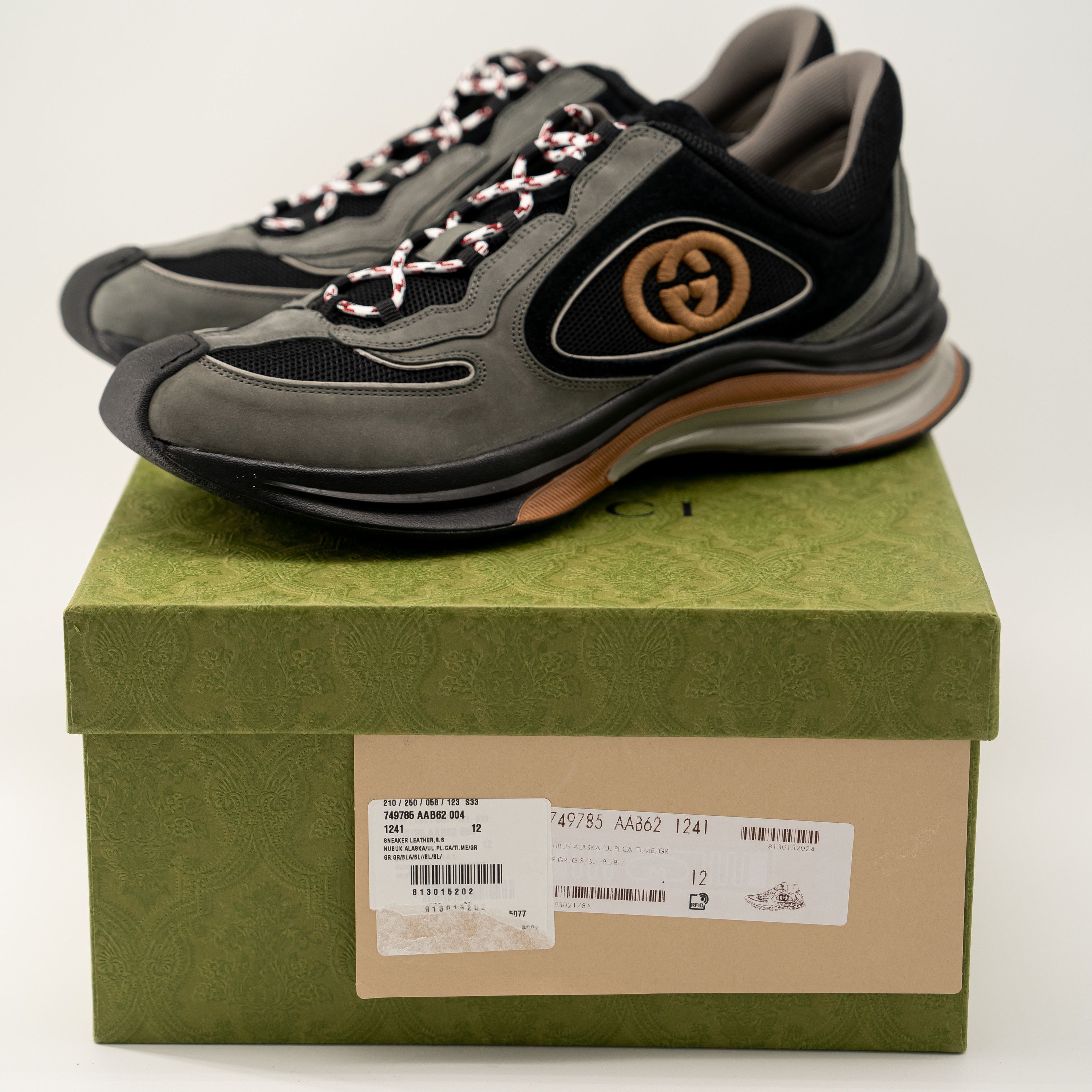 12G 12.5 US Gucci Run Suede Black Grey GG Sneakers