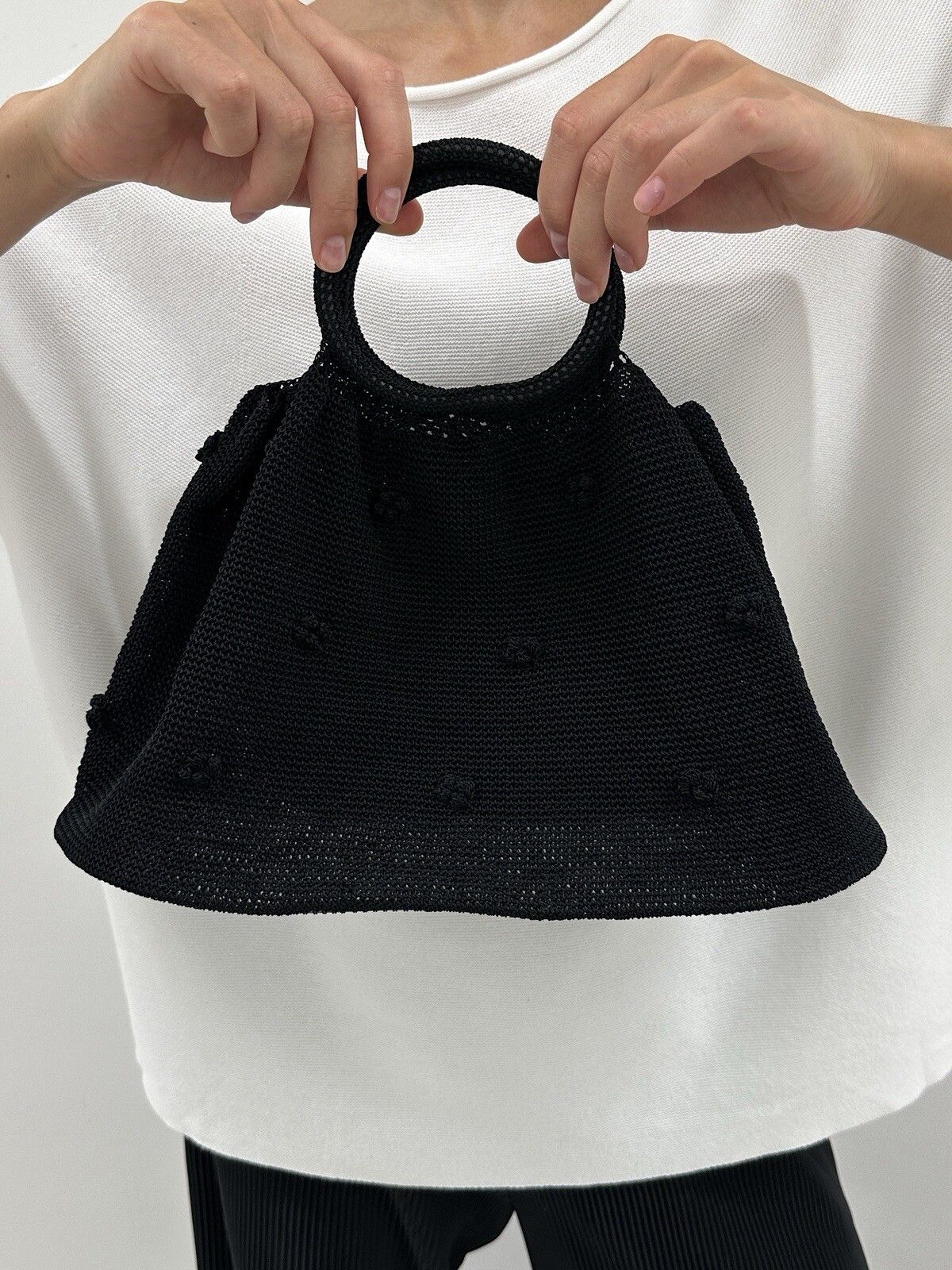 Handmade Hand Made Knit Hand Bag Black Crochet Flowers Size ONE SIZE - 2 Thumbnail