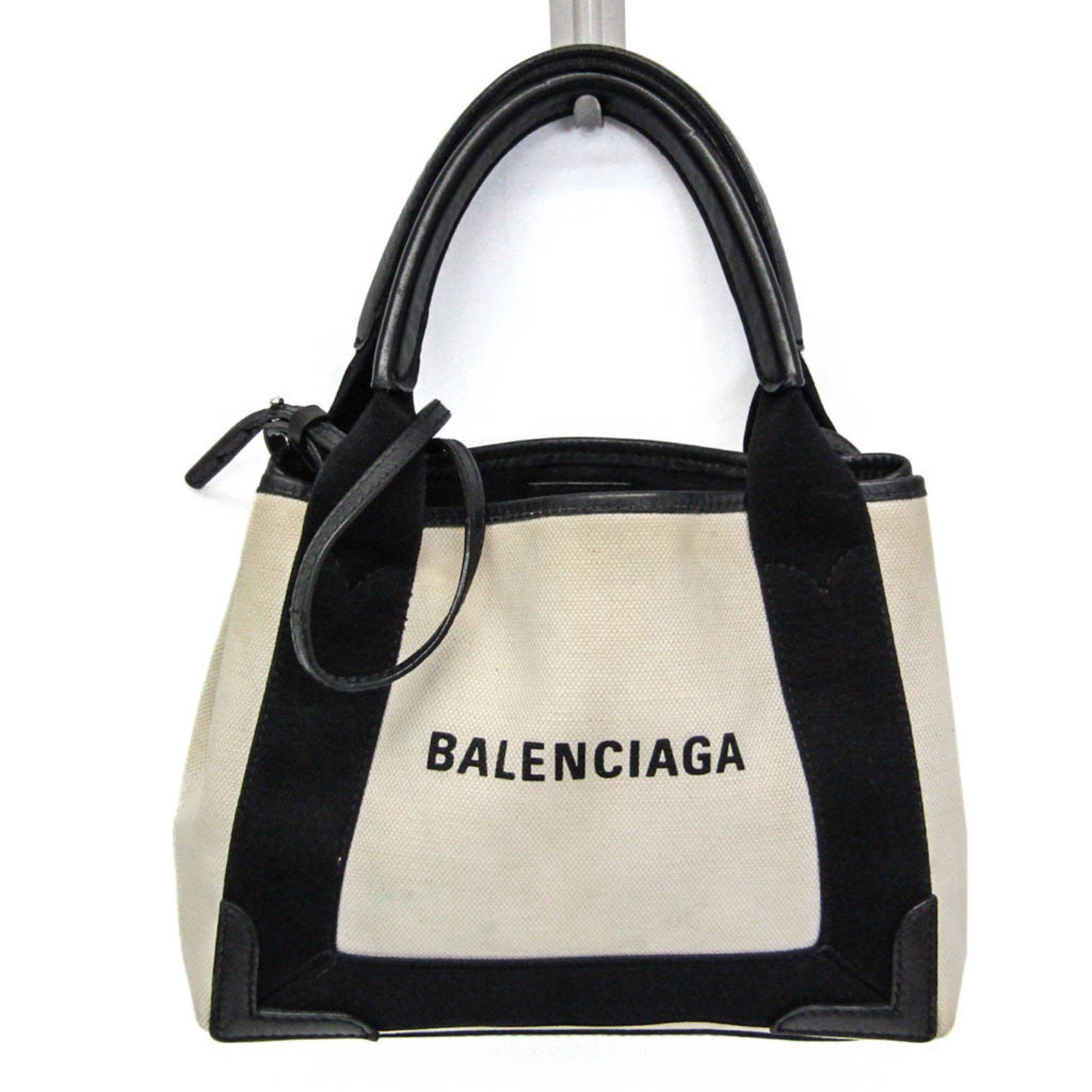 Balenciaga Navy Cabas XS 390346 Women's CanvasLeather HandbagShoulder Bag BlackCream