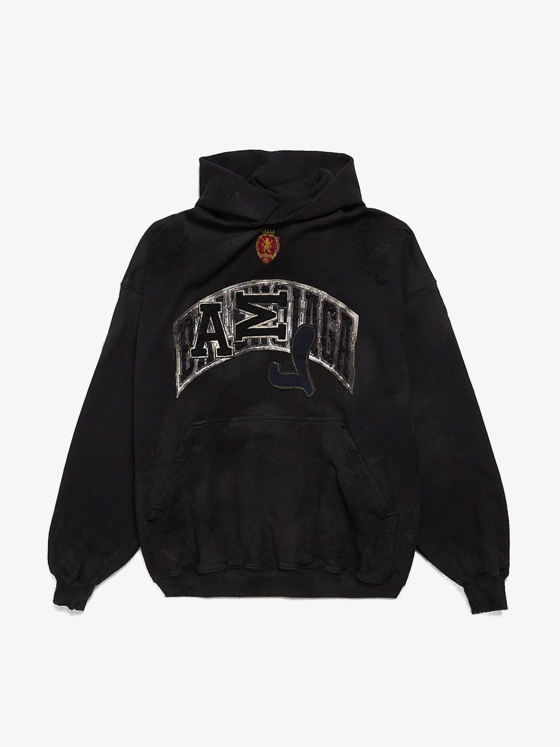 image of Balenciaga Black Distressed Patched Skater Cotton Hoodie, Men's (Size Medium)