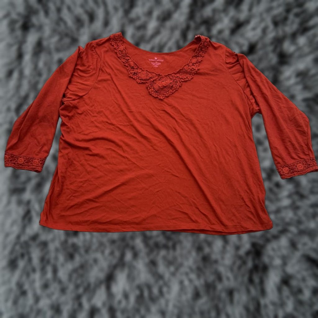Vintage Woman Within Shirt Womens 3X Plus Size Red Crochet Neckline 3/4 Sleeve Top Size XXL / US 16-18 / IT 52-54 - 1 Thumbnail