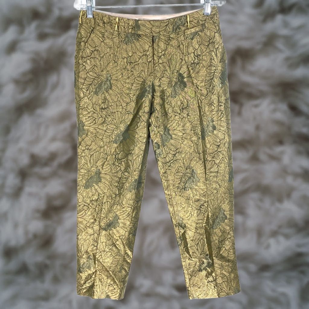 Anthropologie VINTAGE Elevenses Dress Pants 2 Metallic Trousers Gold Floral Boho Luxury Women Pants 29 in Gold Floral Bohemian Holiday 90s Mens Womens Boys Girls Size 26" / US 2 / IT 38 - 1 Thumbnail