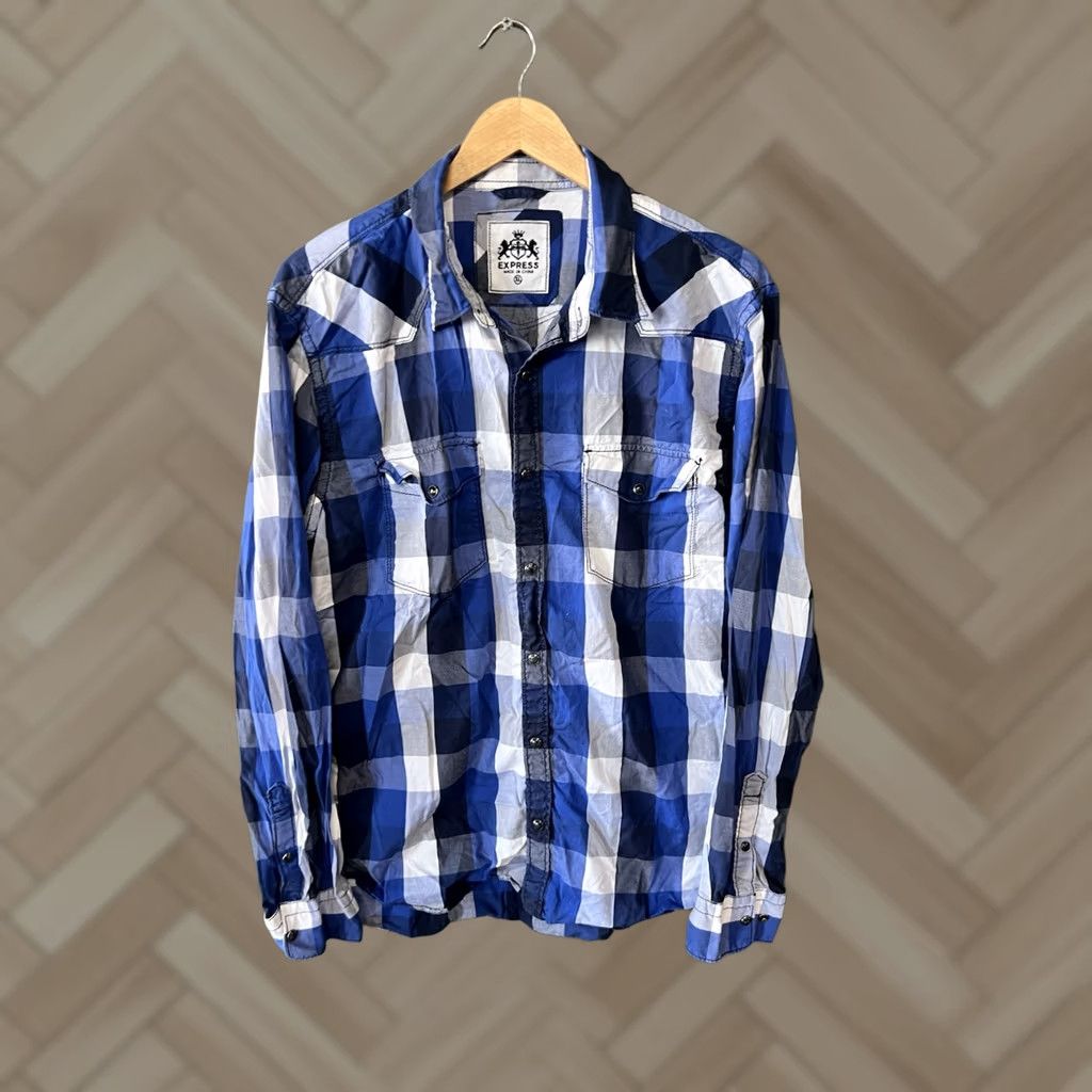 Express Express Shirt Button-Up Check XL Long Sleeve Mens Blue Size US XL / EU 56 / 4 - 1 Thumbnail