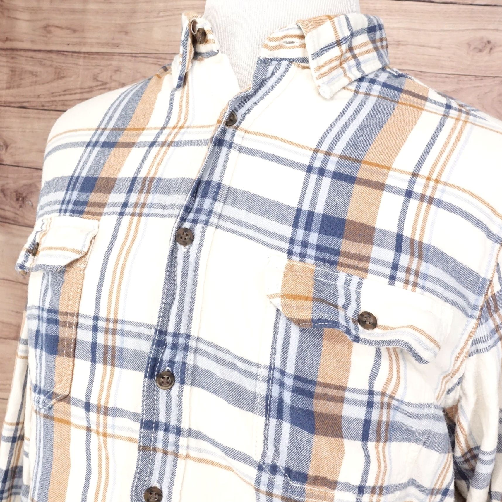 George George Men's XL Flannel Shirt Blue Tan White Plaid Button-Up Long Sleeve Casual Office Warm Corduroy Size US XL / EU 56 / 4 - 2 Thumbnail