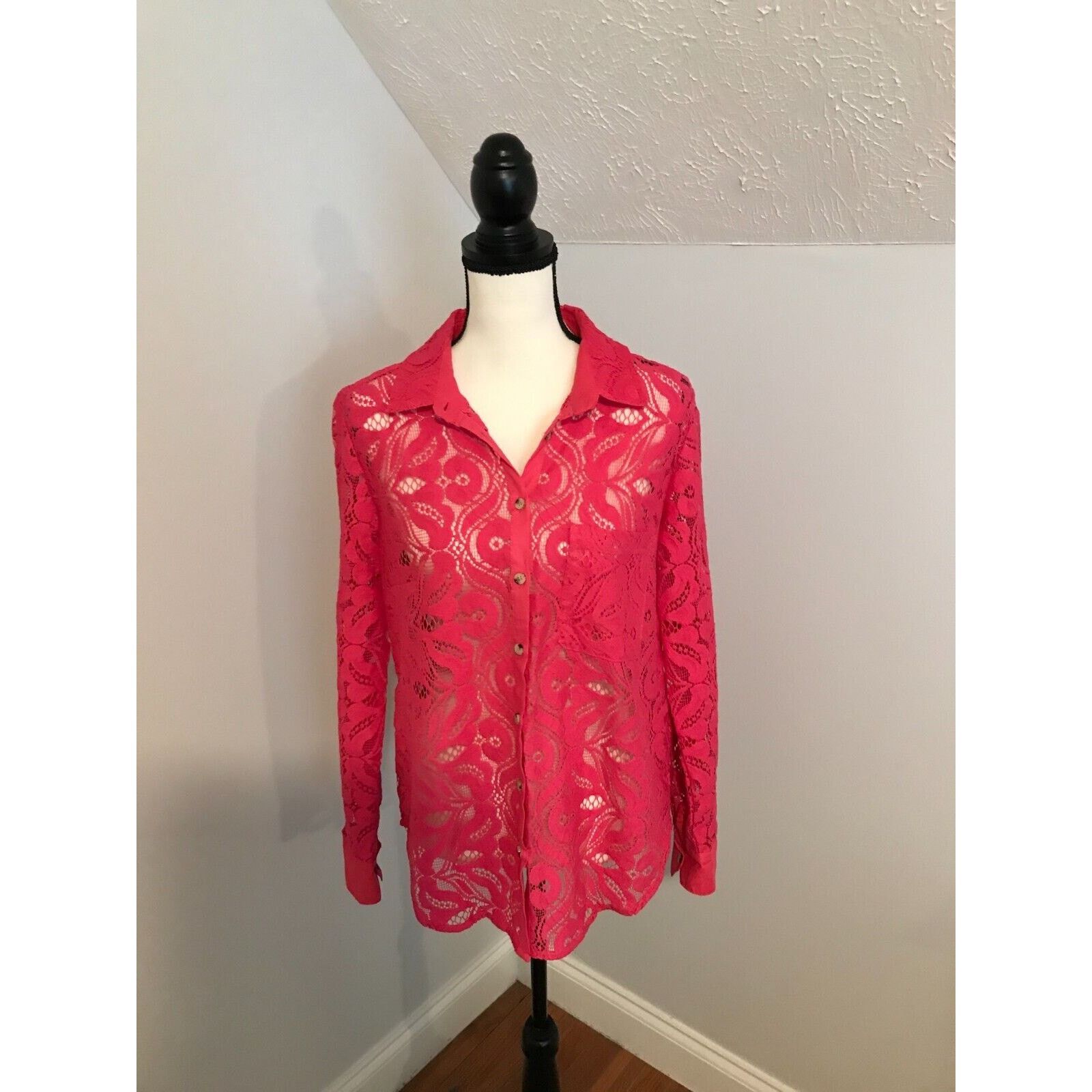 Anthropologie Anthropologie Maeve Slim Pink/Rose Lace Buttondown Blouse Size L / US 10 / IT 46 - 1 Thumbnail