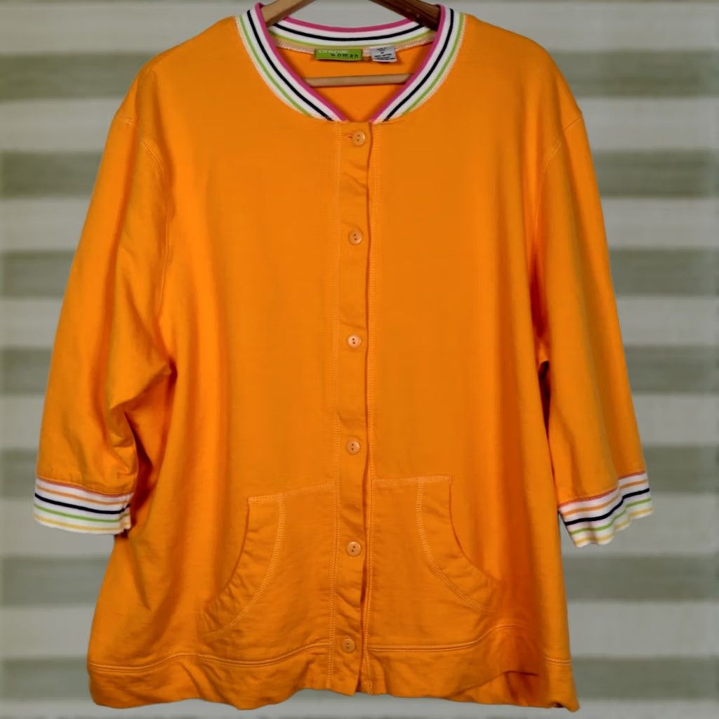 Vintage Onque Woman Shirt 2X Plus Size Gold Yellow Button Up Knit 3/4 Sleeve Pockets Cotton Knit Top Casual Shirt Womens Size XXL / US 16-18 / IT 52-54 - 1 Thumbnail