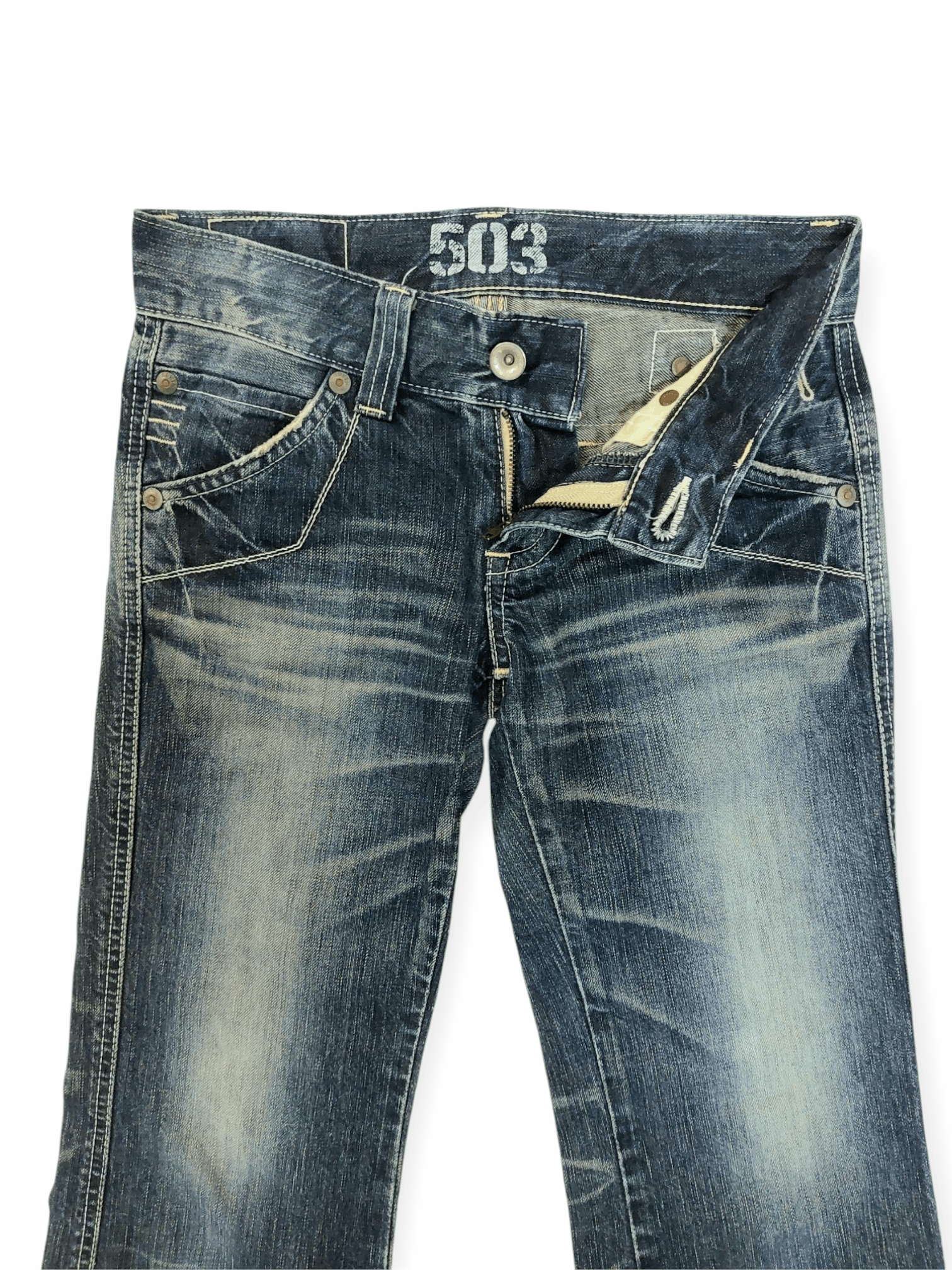 Edwin × Japanese Brand Flare Edwin 503 Blue Trip Buckle Back Denim Size 28" / US 6 / IT 42 - 4 Thumbnail