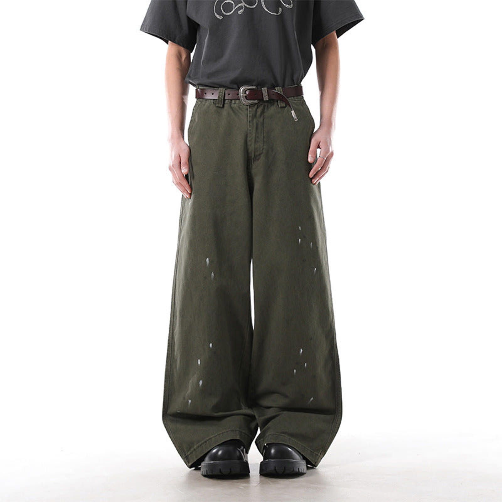 Japanese Brand Olive Green Distressed Wide Leg Pants, Loose Fit Trousers Size US 30 / EU 46 - 1 Thumbnail