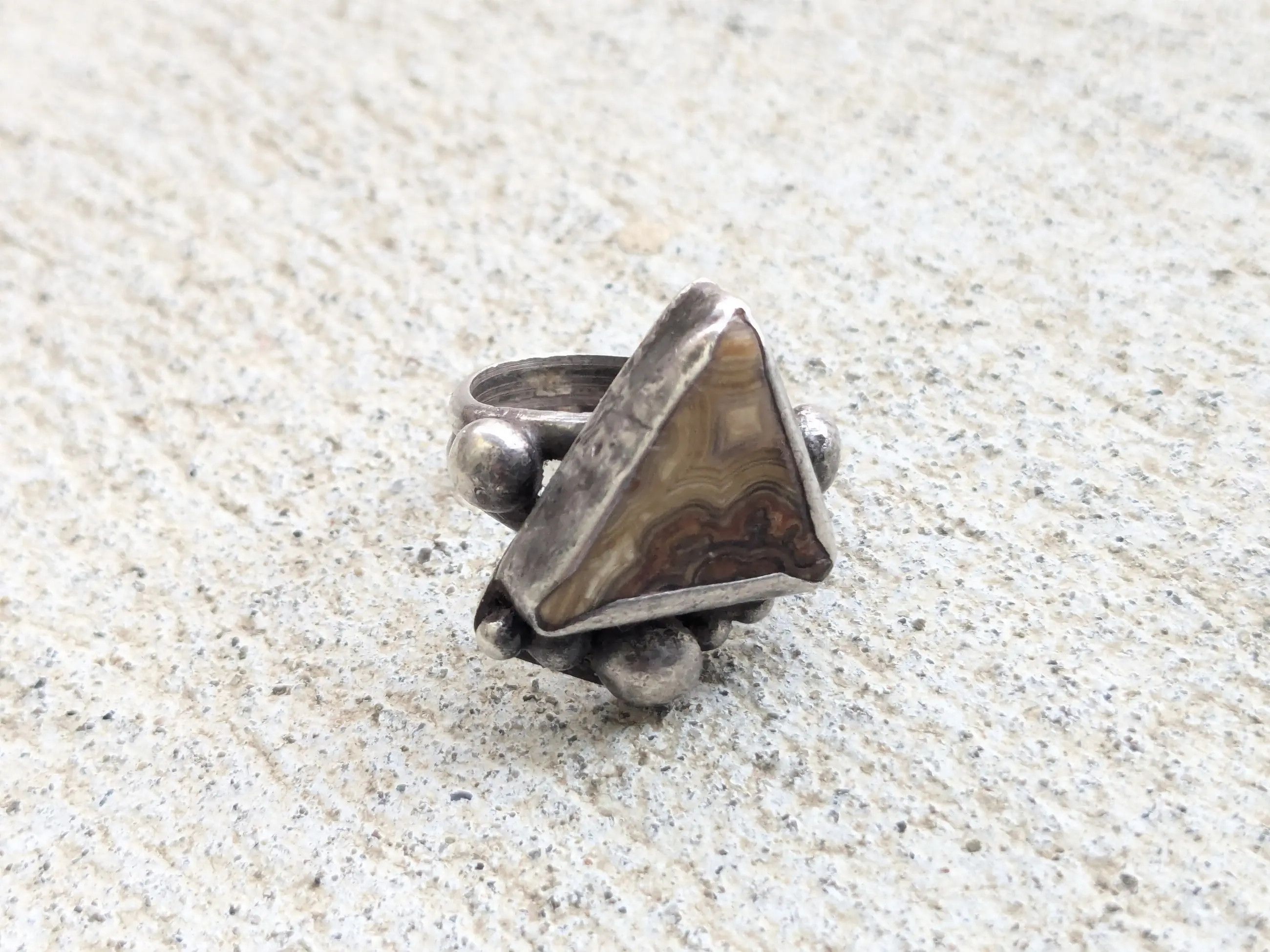 Sterling Silver Vintage Sterling Silver Ring Brown Agate Triangle Modern Size ONE SIZE - 4 Thumbnail