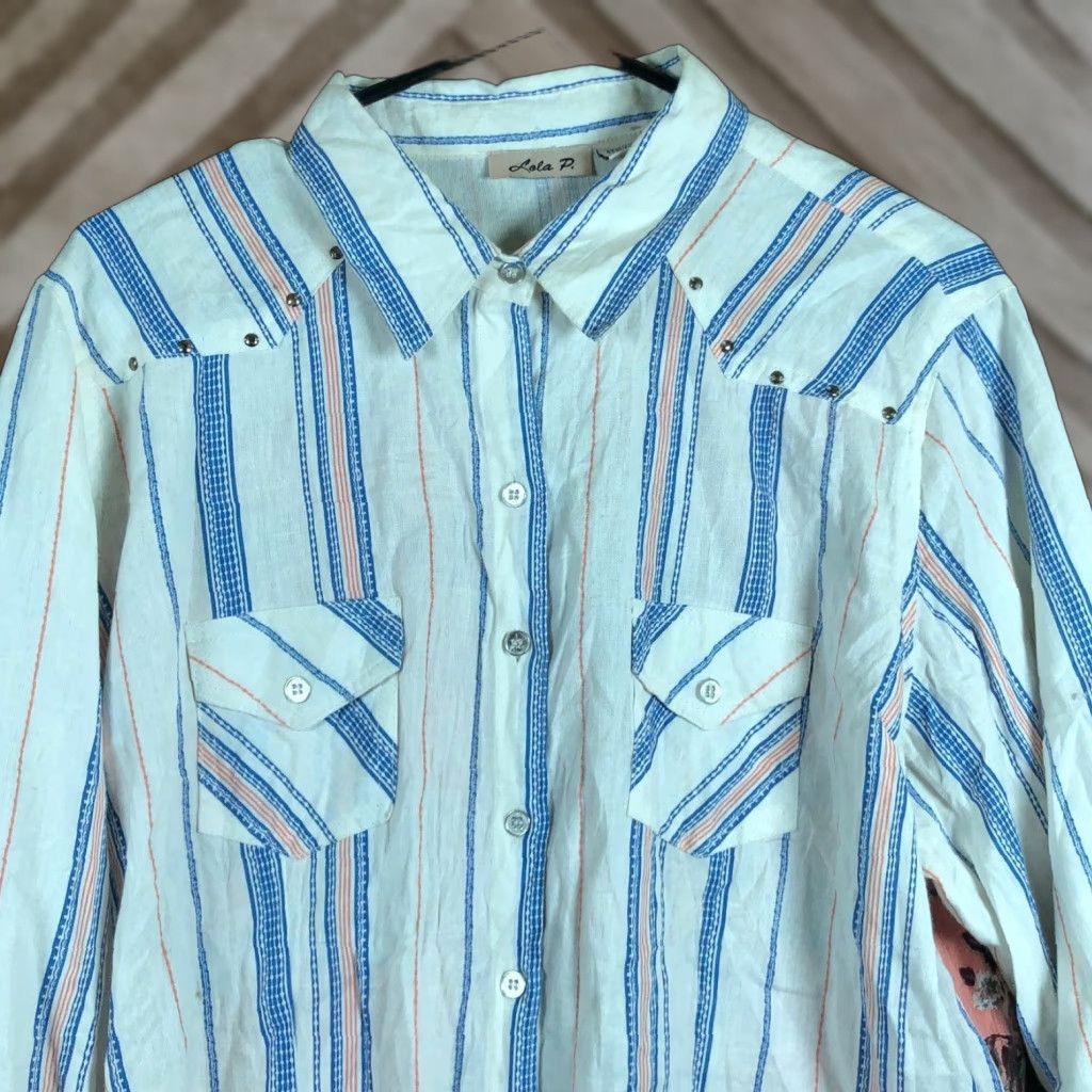 Vintage Lola P Womens Blouse White Multi Striped Floral Button Down Collared XL Size XL / US 12-14 / IT 48-50 - 1 Thumbnail