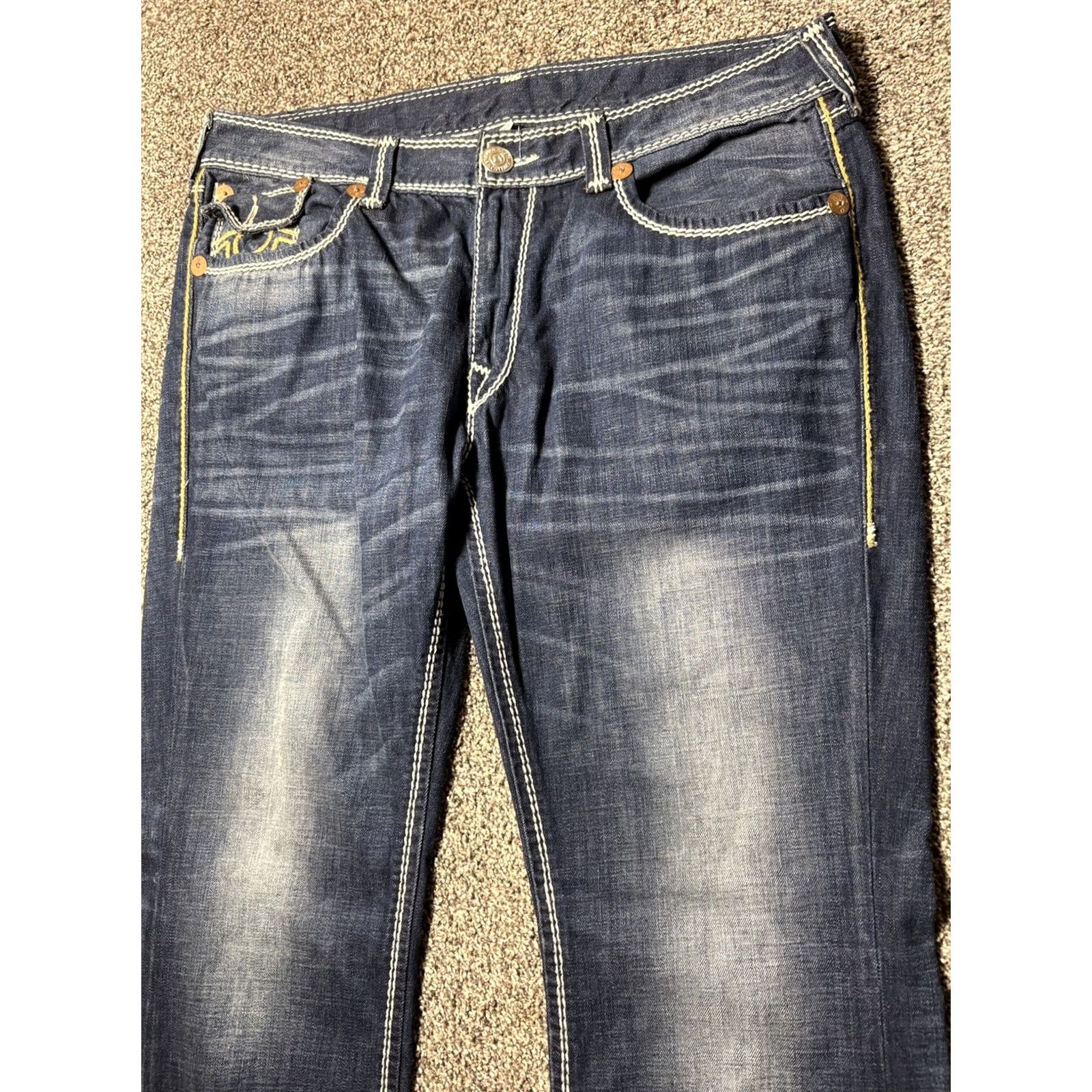 True Religion VINTAGE True Religion Mega T Flap Jeans Mens 40x34 Straight Nat Thick Stitch Mud Slinger Denim 5-Pocket Mens Size US 40 / EU 56 - 4 Thumbnail