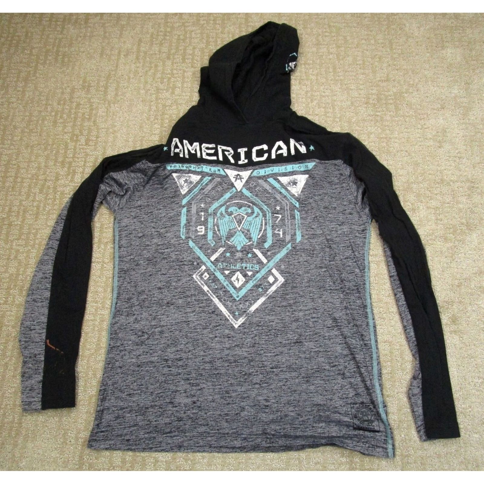 Vintage American Fighter Hoodie Women XL Gray Lightweight Moisture Wicking Mock Neck Pullover Casual Sports Logo Geometric Pattern Size XL / US 12-14 / IT 48-50 - 2 Thumbnail
