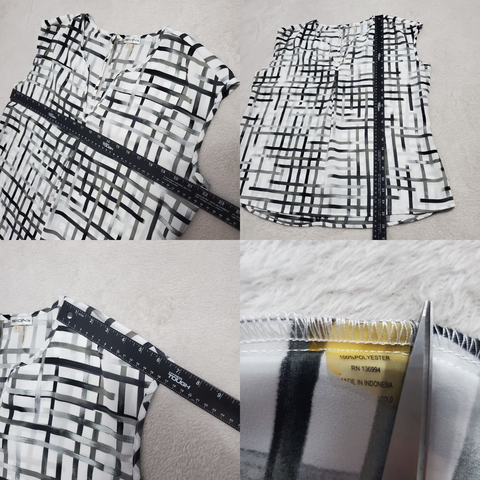 Vintage SIONI Blouse Women L Black White Geo Print Short Sleeve V-Neck Button Lightwight Casual Size L / US 10 / IT 46 - 8 Thumbnail