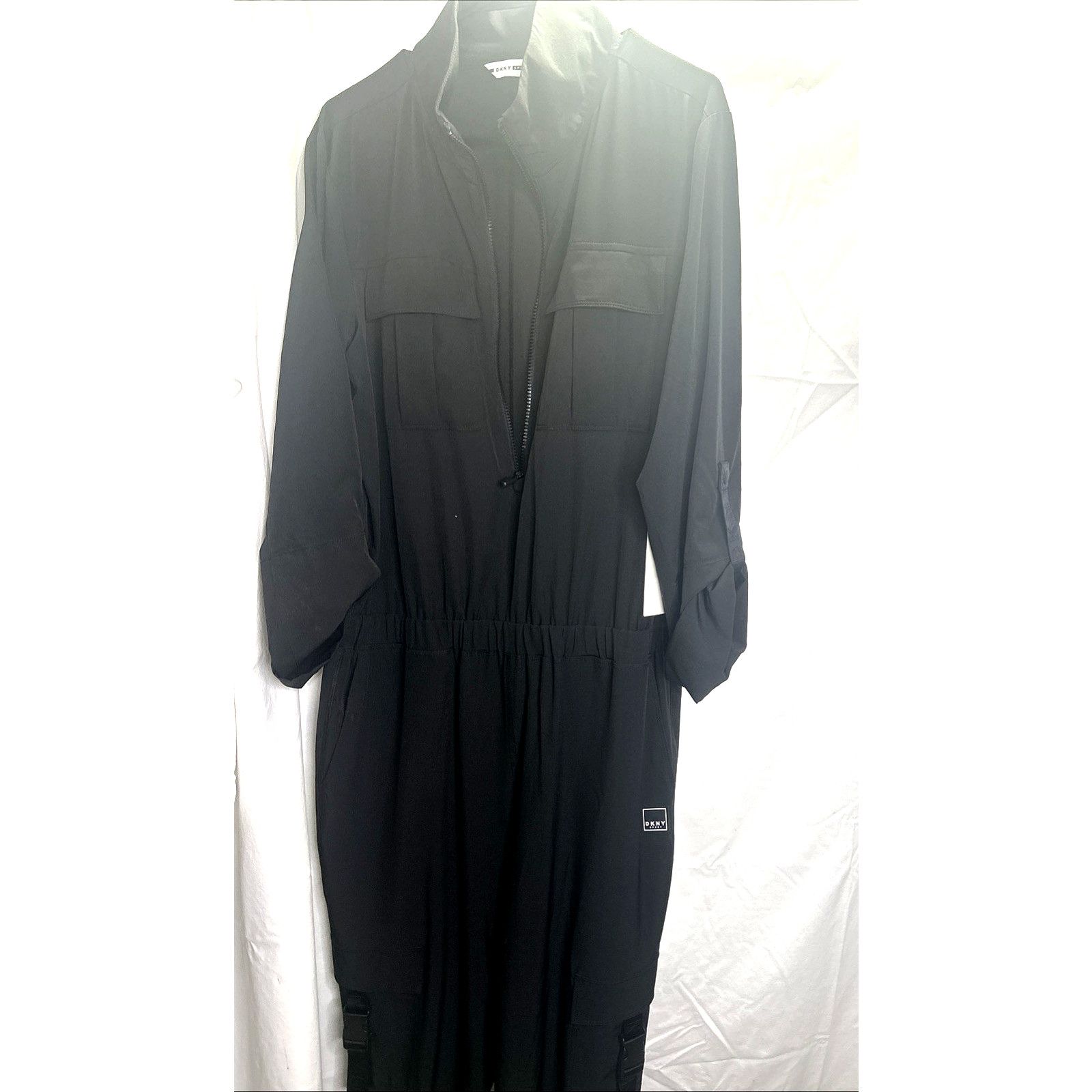 DKNY DKNY Black Utility Cargo Jumpsuit Womans L Tab Sleeve Travel Size 29" - 13 Thumbnail