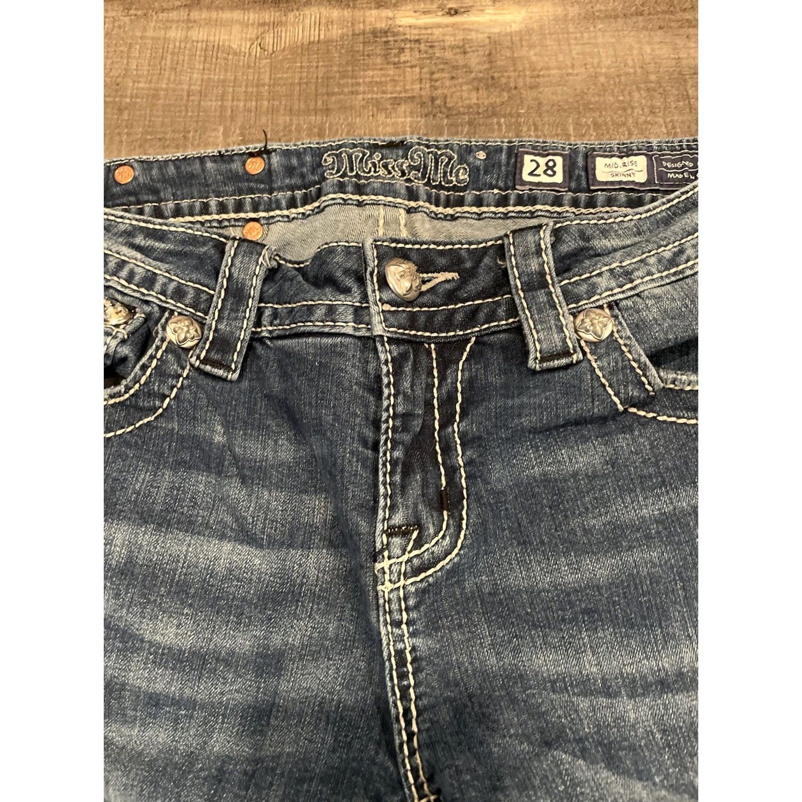 Miss Me VINTAGE Miss Me Mid Rise Easy Boot Jeans Womens 28x29 Blue Denim 5-Pocket Logo Rhinestone Embroidered Pocket Design Boots Cut Size 28" / US 6 / IT 42 - 6 Thumbnail
