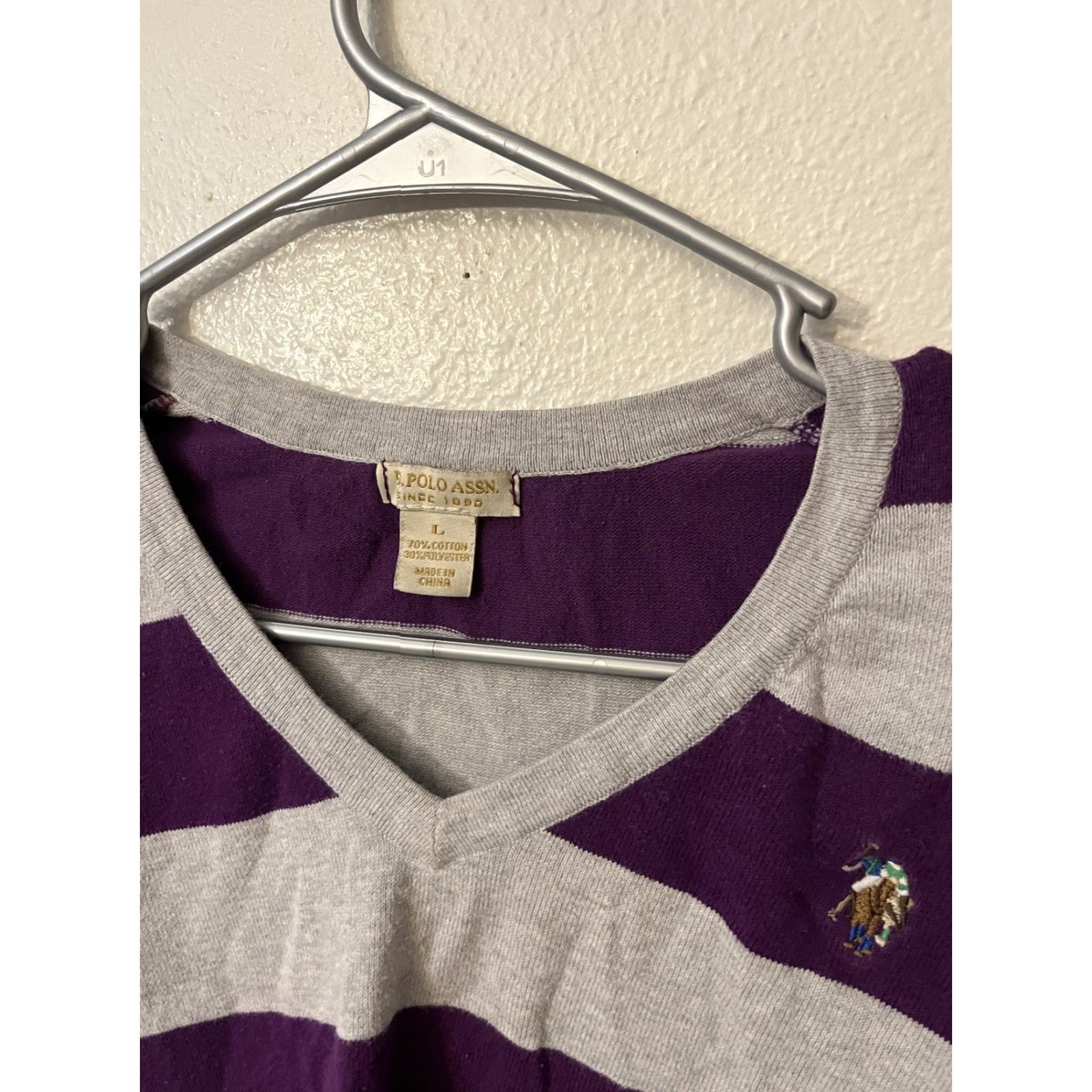 Vintage US Polo Assn. Sweater Striped Knit V-Neck Women's Large Purple Gray Pullover Cable-Knit Knitwear Shirt Modern Vintage: No Size L / US 10 / IT 46 - 3 Thumbnail