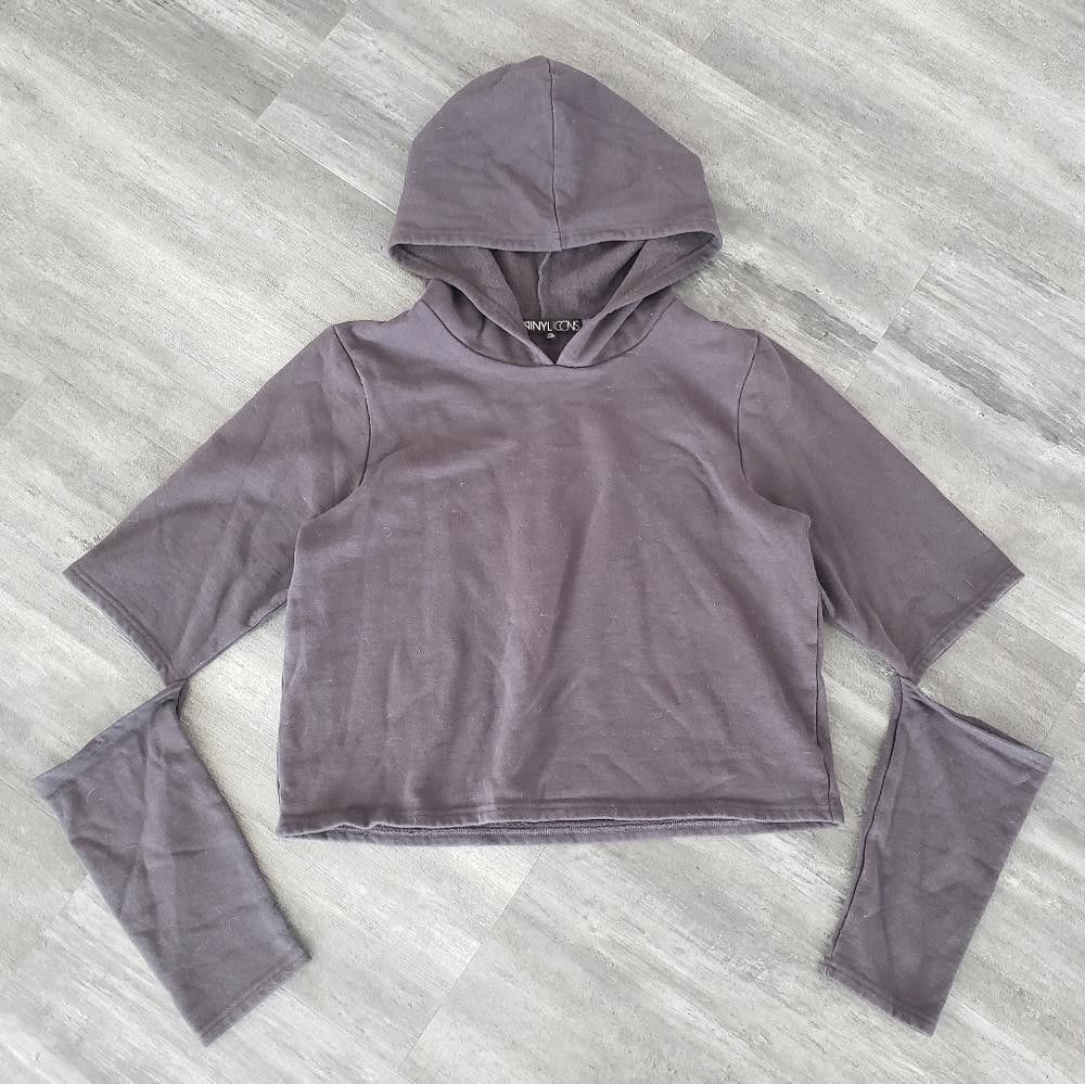 Designer Dark Grey Vinyl Icons Slit Detailed Crop Hoodie Size M / US 6-8 / IT 42-44 - 1 Thumbnail