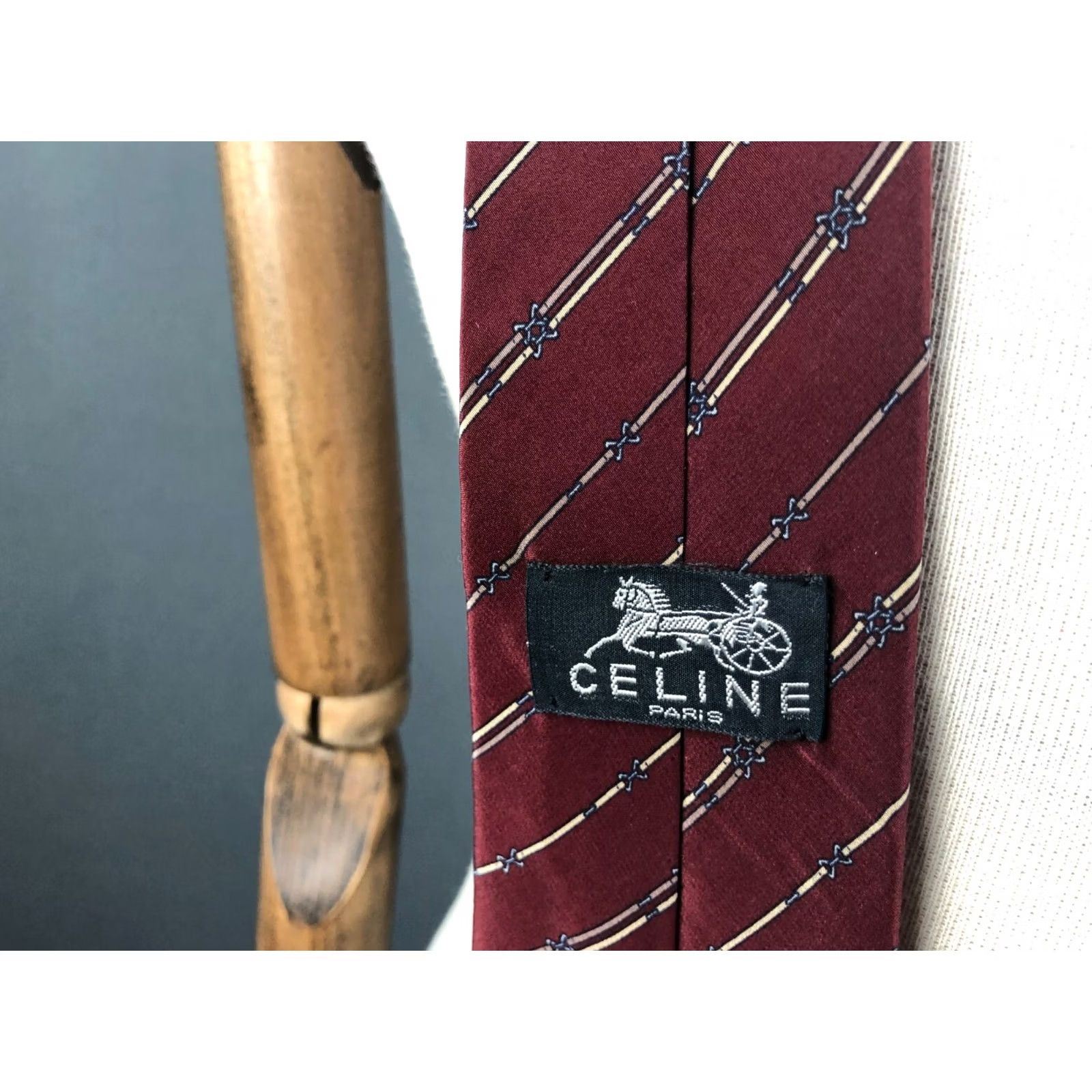 Celine CÉLINE Paris Silk Men Tie Striped Hand Made Burgundy 100% Silk Classic Neckwear Size ONE SIZE - 5 Thumbnail