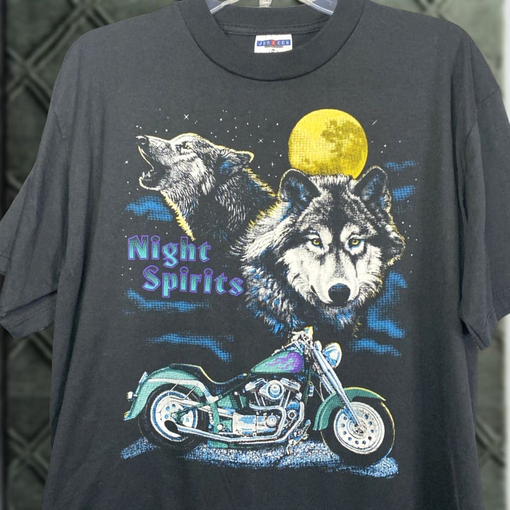 VINTAGE Jerzees T-Shirt Biker Nature Wolf Moon USA 90s Mens Large Black - Unisex Adults Shirt L