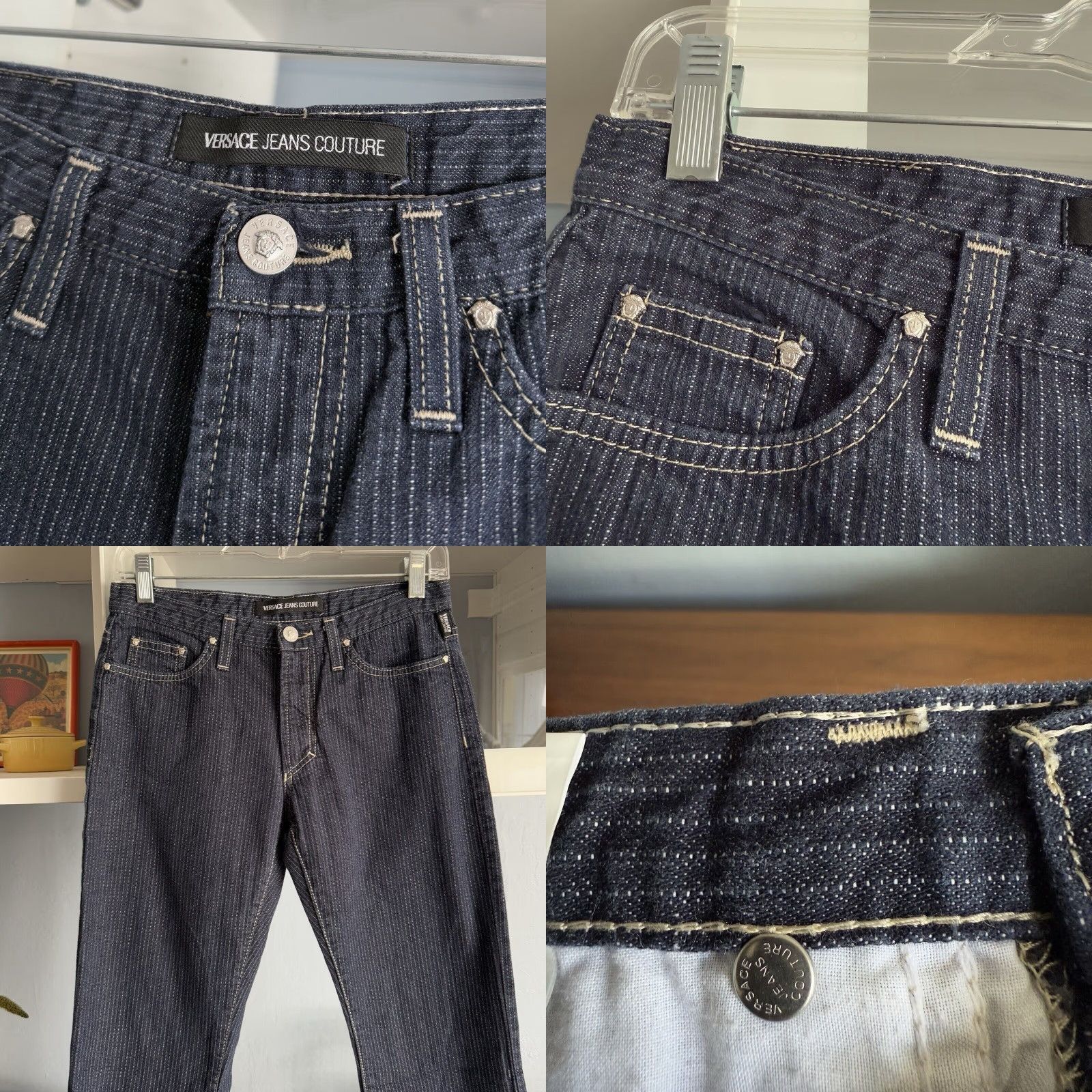 Versace VINTAGE Versace Jeans Couture 90s Navy Blue Striped Jeans Flare Size 27 Women Size 27" / US 4 / IT 40 - 8 Thumbnail
