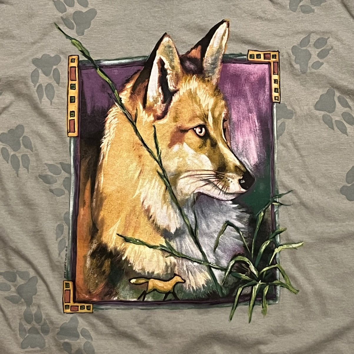 Hanes Vintage 1993 Fox AOP Paws On Location Green XL T Shirt Size US L / EU 52-54 / 3 - 2 Thumbnail