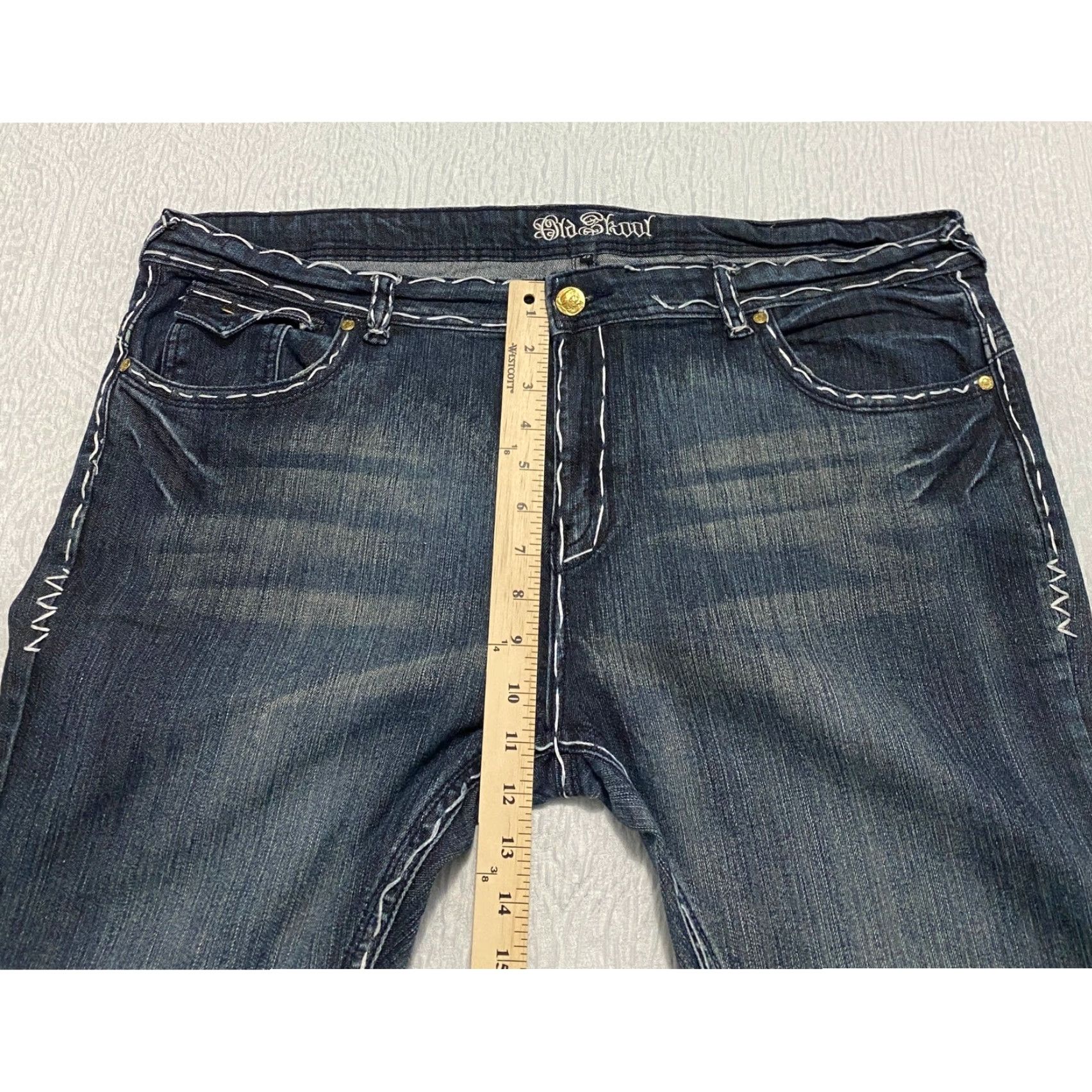 Denime Old Skool Jeans Bootcut Women Size 22W Plus 5-Pocket Dark Wash Denim Embellished Fleur Pockets Size 40" / US 18 - 7 Thumbnail