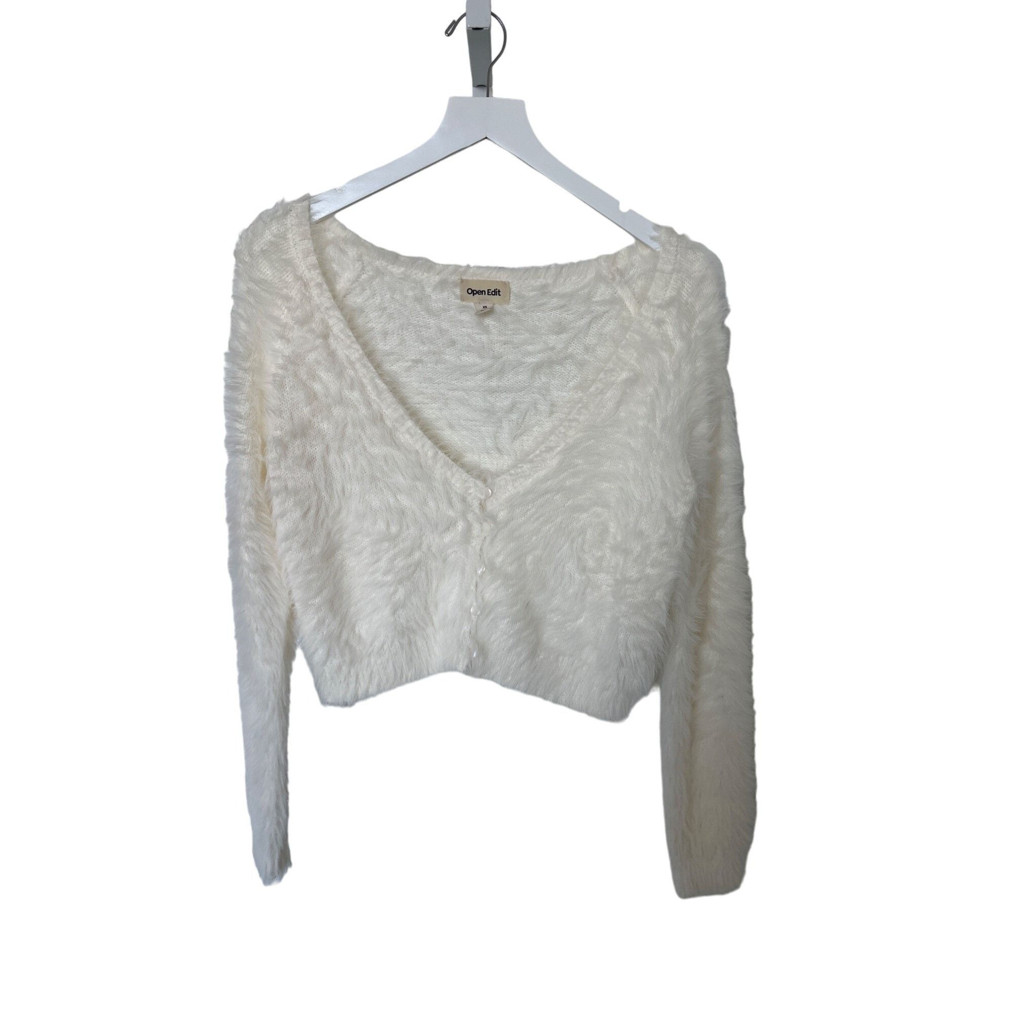 Other Open Edit Ivory Eyelash Fluffy Knit Cropped Cardigan Size XS / US 0-2 / IT 36-38 - 4 Thumbnail