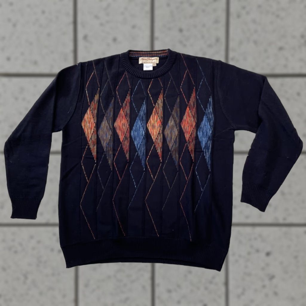 Jim Thompson NORM THOMPSON Wool Italian Sweater Men L Navy Blue Orange Retro Geometric Knit Pullover Crew Neck Long Sleeve Multicolor Size US L / EU 52-54 / 3 - 1 Thumbnail