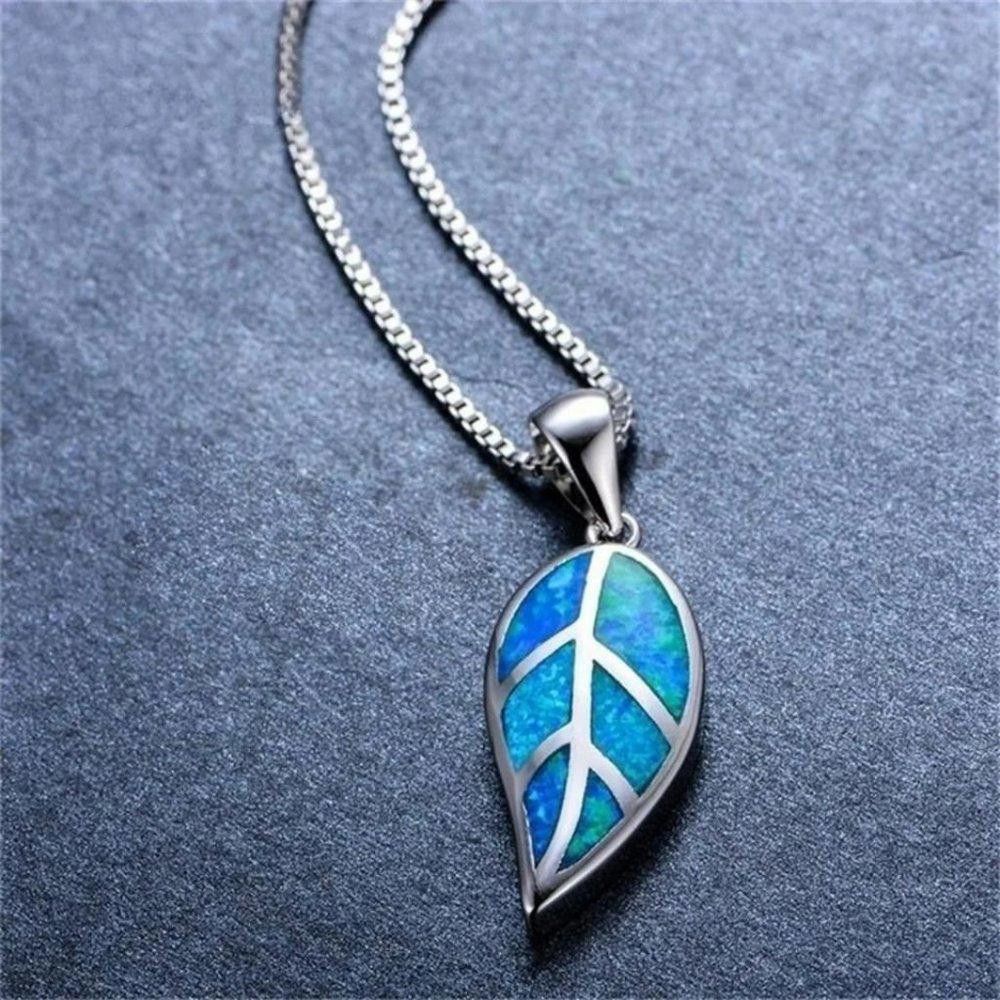 Designer Blue Opal Leaf Silver Necklace & Chain Size ONE SIZE - 1 Thumbnail