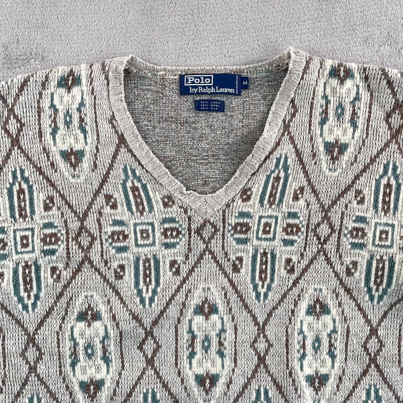Polo Ralph Lauren VINTAGE Polo Ralph Lauren Sweater Men M V-Neck Aztec Navajo Linen Wool Silk Geometric Pullover Size US M / EU 48-50 / 2 - 2 Thumbnail