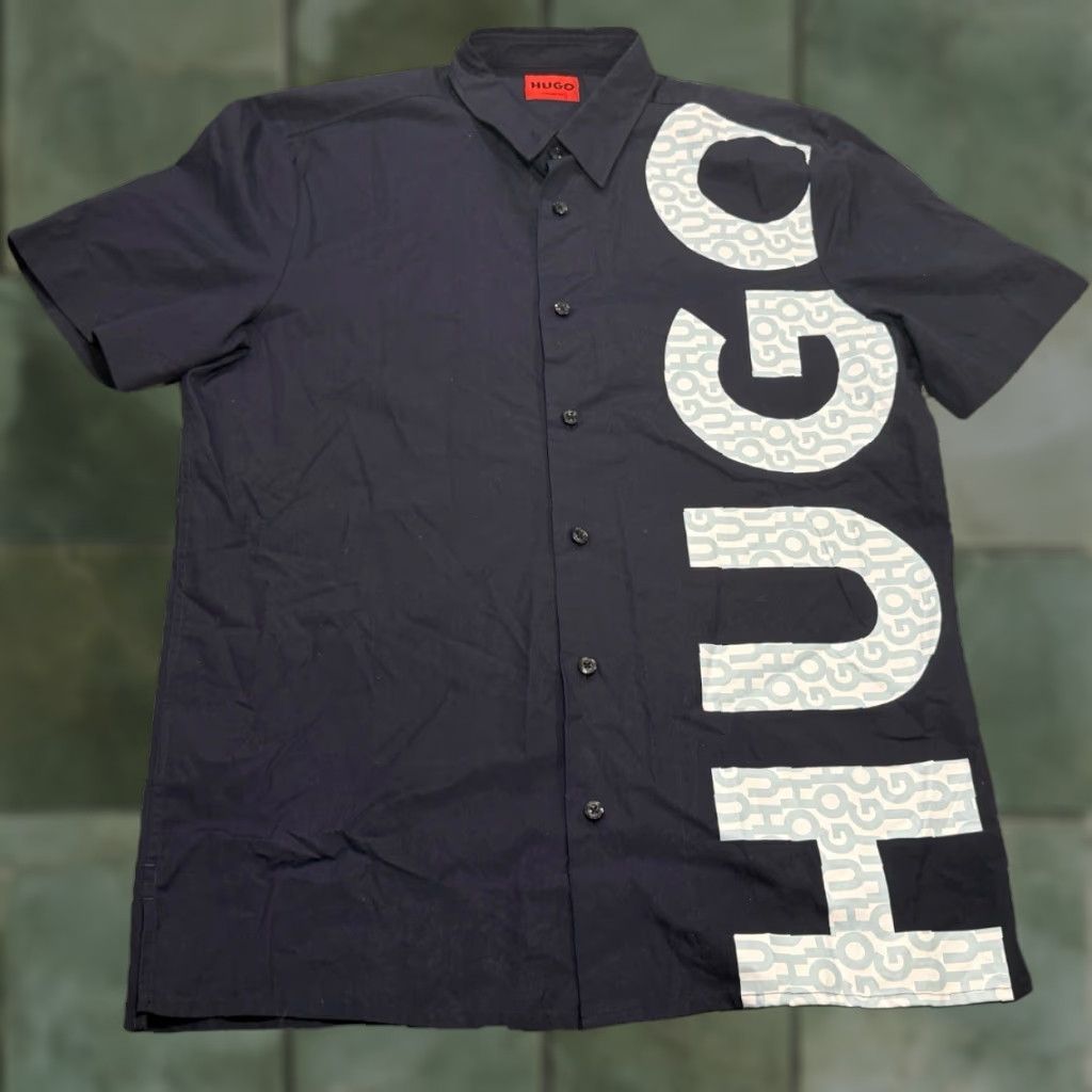 HUGO BOSS Button-Up Shirt Mens Medium Multicolor HUGO PRINT Casual Business Short Sleeve Lightweight Limited Edition Italian