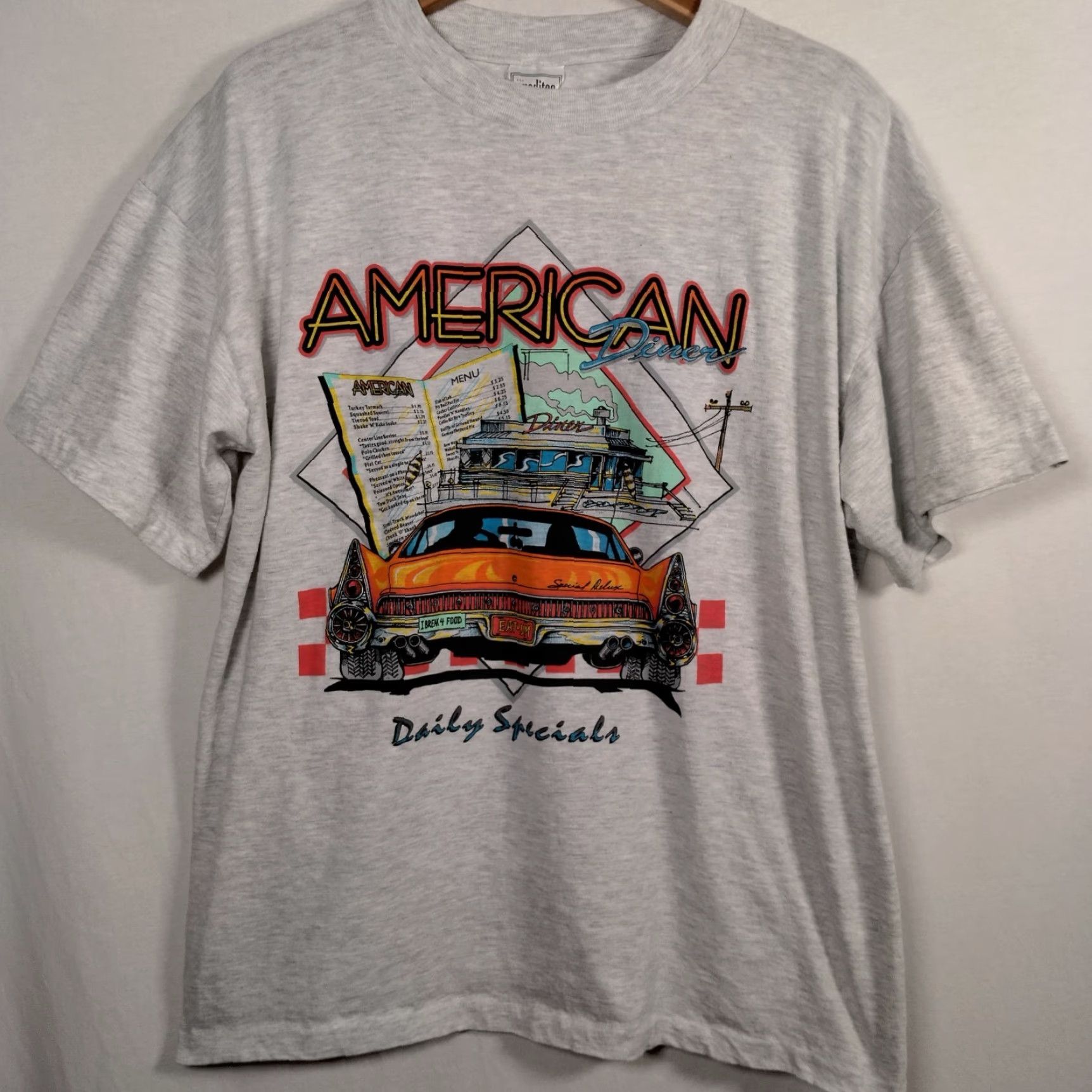 Vintage VINTAGE Creditee Men T-Shirt XL Gray American Diner Food Graphic 80s Single Stitch Cotton Size US XL / EU 56 / 4 - 2 Thumbnail