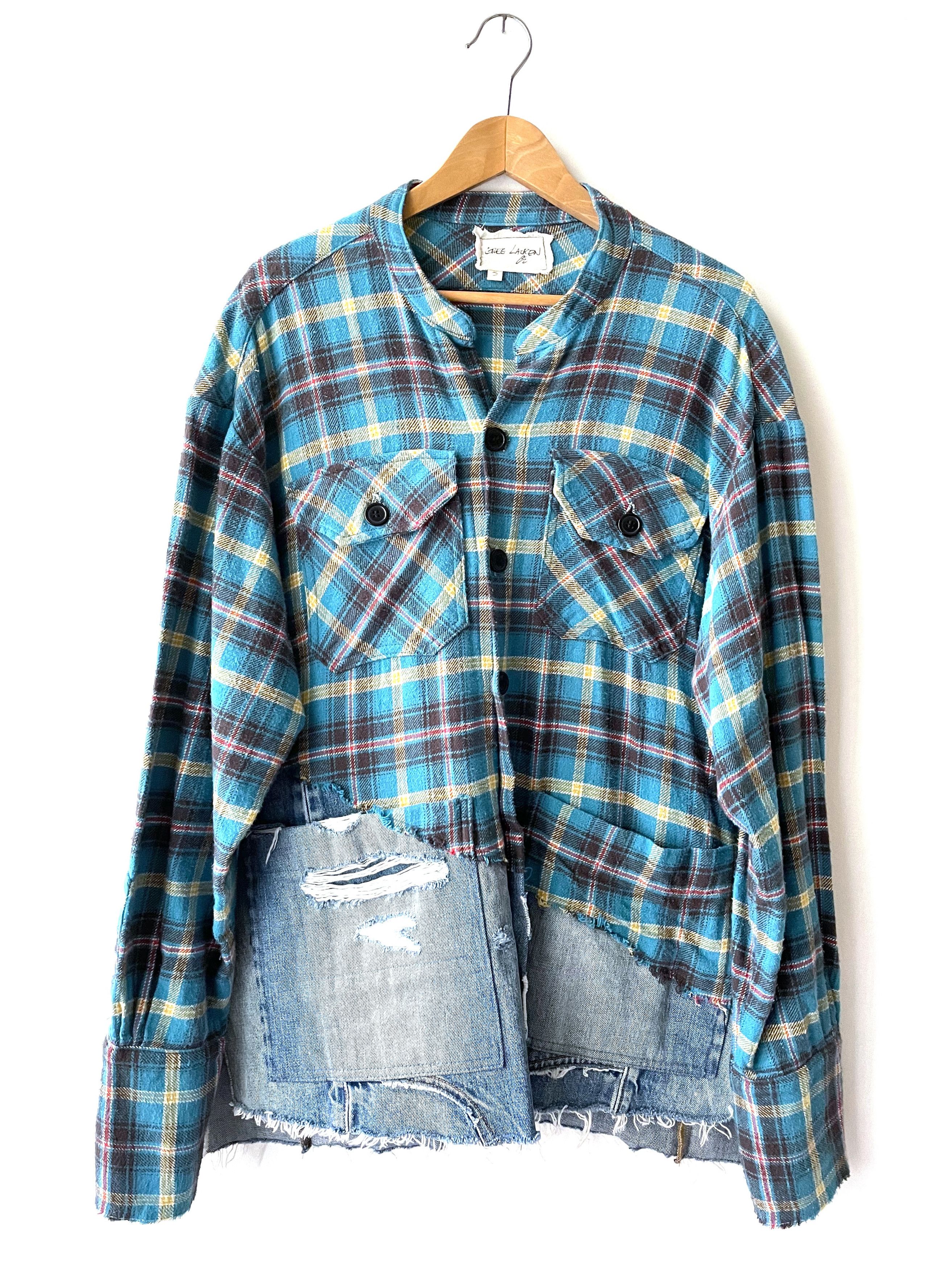 Greg Lauren Greg Lauren Navy Plaid Trucker Front Boxy US-L | Grailed