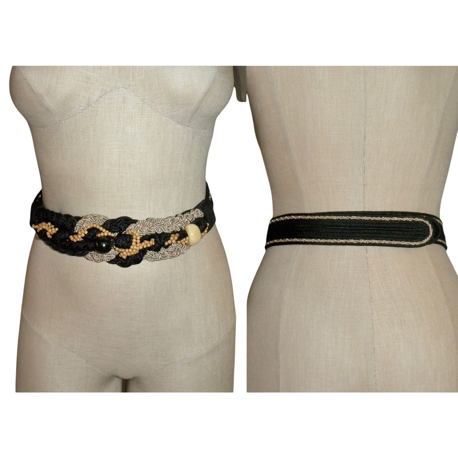 Vintage 80s Boho Cord & Wood Bead Belt | Art to Wear Gypsy Black Tan Size ONE SIZE - 2 Thumbnail
