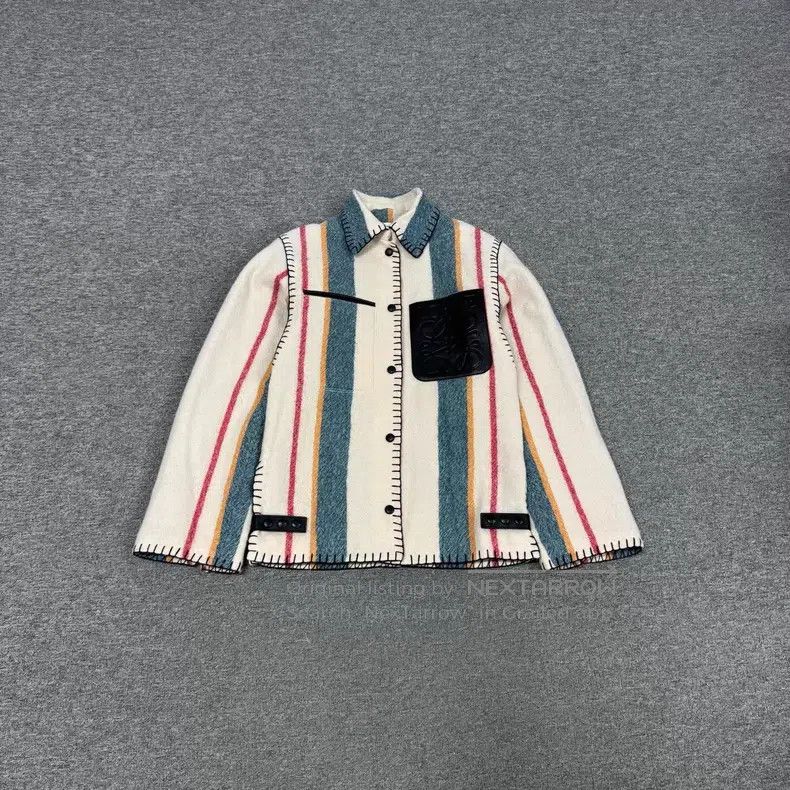 Loewe Loewe Ivory Striped Leather Pocket Collar Wool Shirt Jacke Size 4XL / US 24-26 - 1 Thumbnail