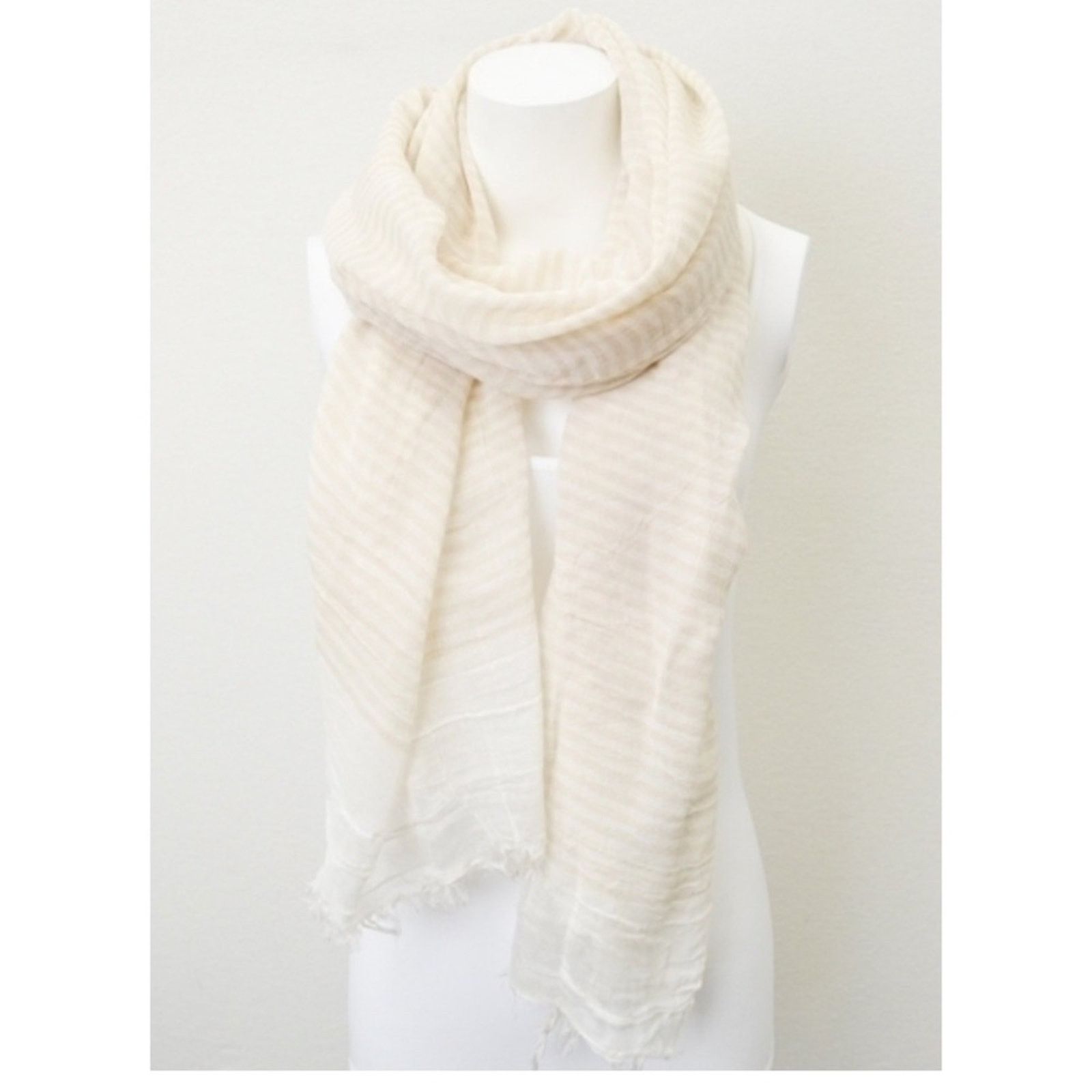 Other NEW NWT Boutique Ivory & Beige Stripe Fringe Rectangle Scarf Size ONE SIZE - 1 Thumbnail