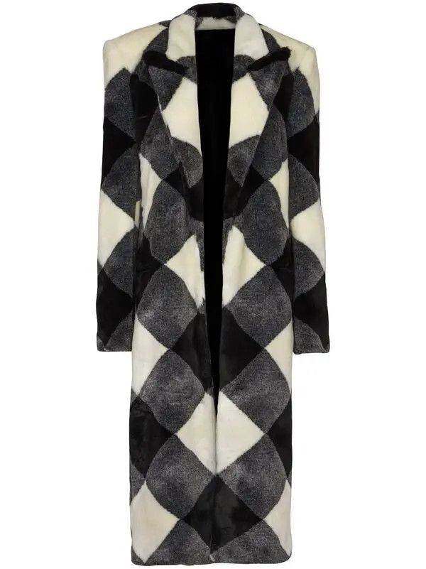 Balmain o1s1wg111025 Vichy Gingham Faux Fur Coat in Black/White Size L / US 10 / IT 46 - 1 Thumbnail