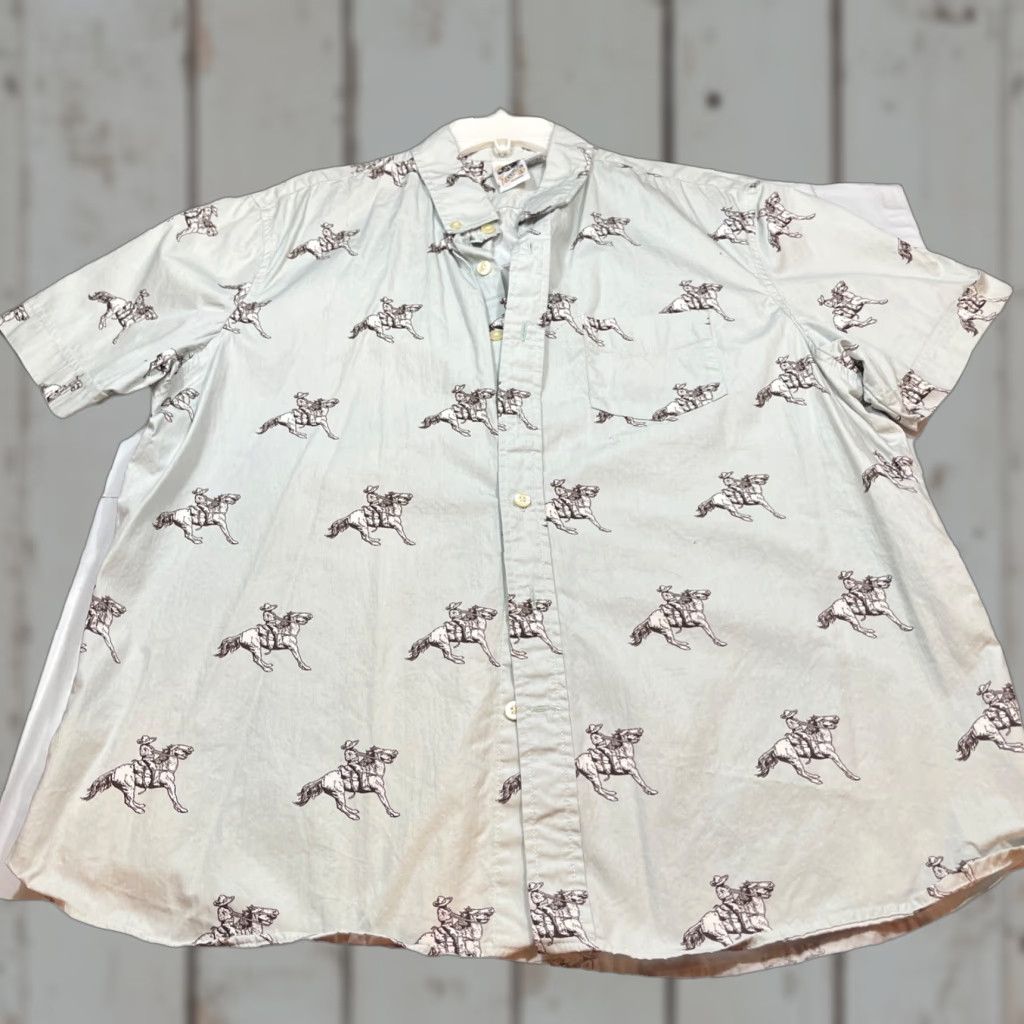 Vintage Kennington Shirt Men’s 2XL Short Sleeve Button-Up Western COWBOY HORSE Cotton 2X Very Light Green Retro 90s Beach Outdoor Pockets Mens Size US XXL / EU 58 / 5 - 1 Thumbnail