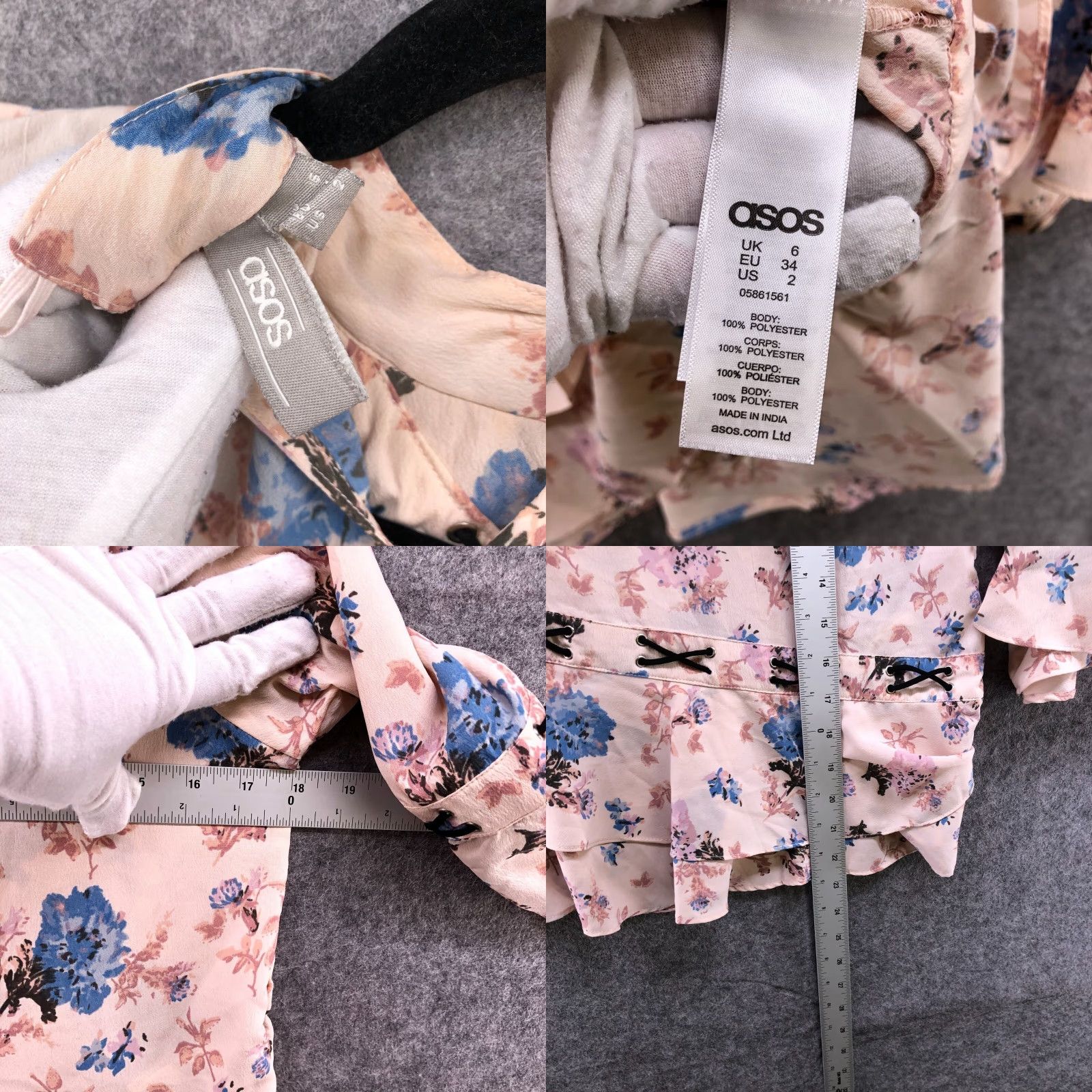 Asos ASOS Blouse Womens 2 Cream Floral 3/4 Bell Sleeve Asymmetric Tiered Ruffle Size XS / US 0-2 / IT 36-38 - 8 Thumbnail