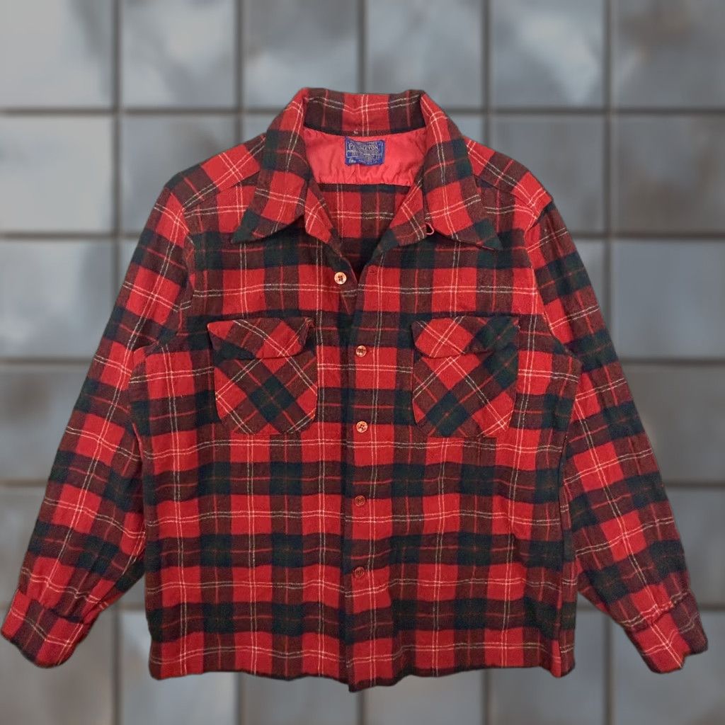 Pendleton VINTAGE Pendleton Board Shirt Mens Large 60s Buffalo Wool Flannel Loop Collar Red Plaid Shirt Mens L Wool 60s Size US L / EU 52-54 / 3 - 1 Thumbnail
