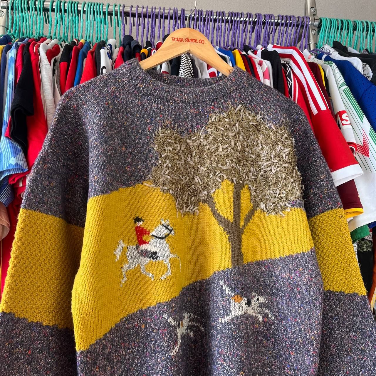 Vintage Hunting Horseman Dogs Printed Hand Knit Wool Sweater Jumper Size US M / EU 48-50 / 2 - 2 Thumbnail